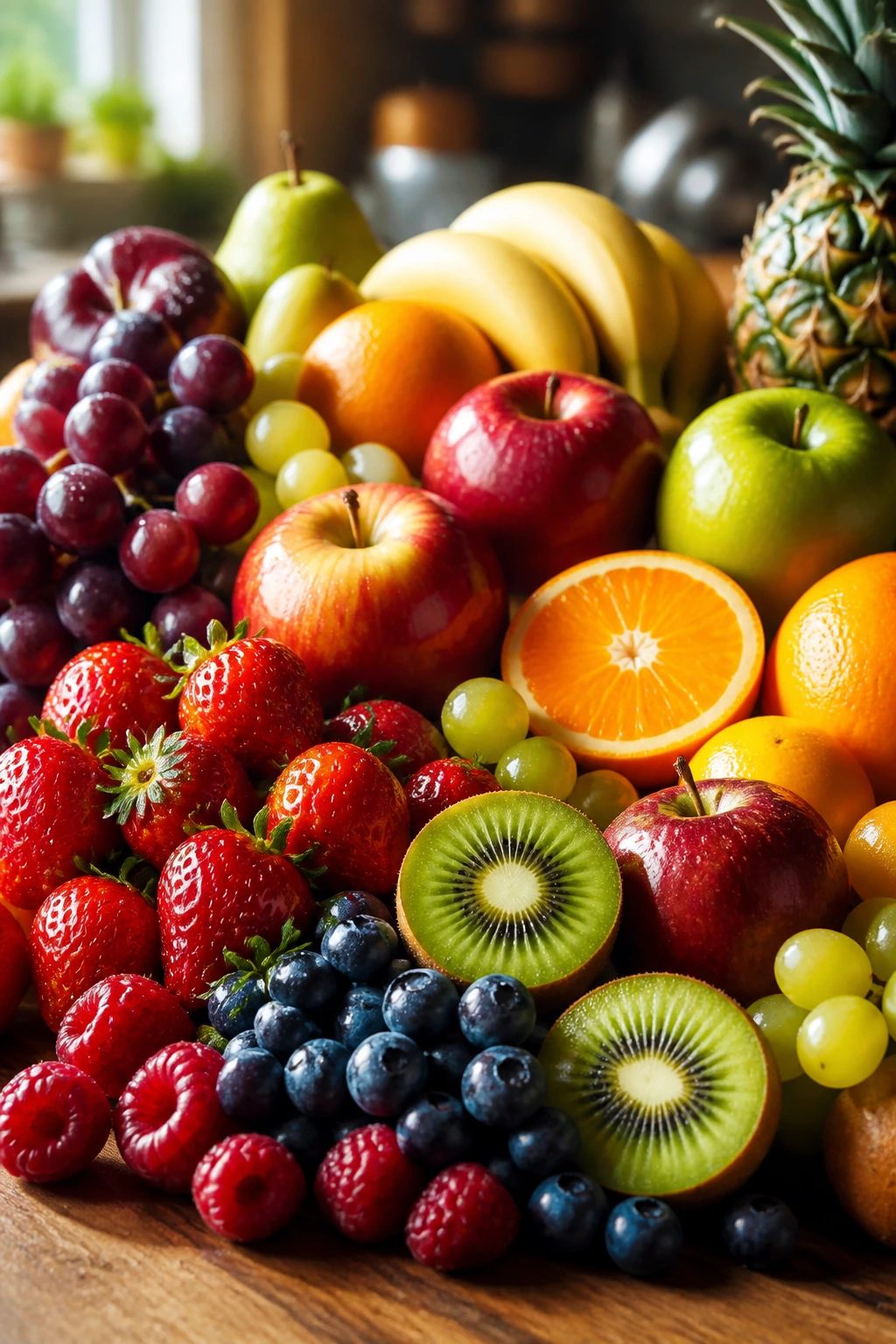 Close-up of mixed fruits filling the frame on a wooden kitchen counter, highlighting vitamins and minerals