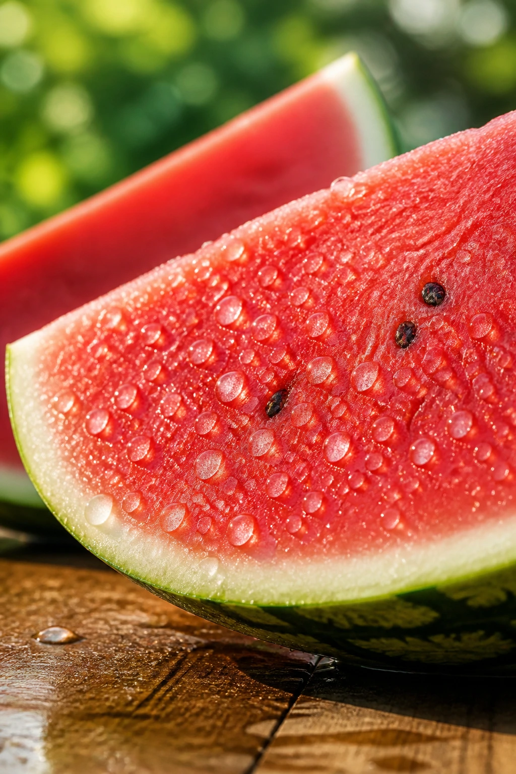 Juicy watermelon slice with droplets filling the frame