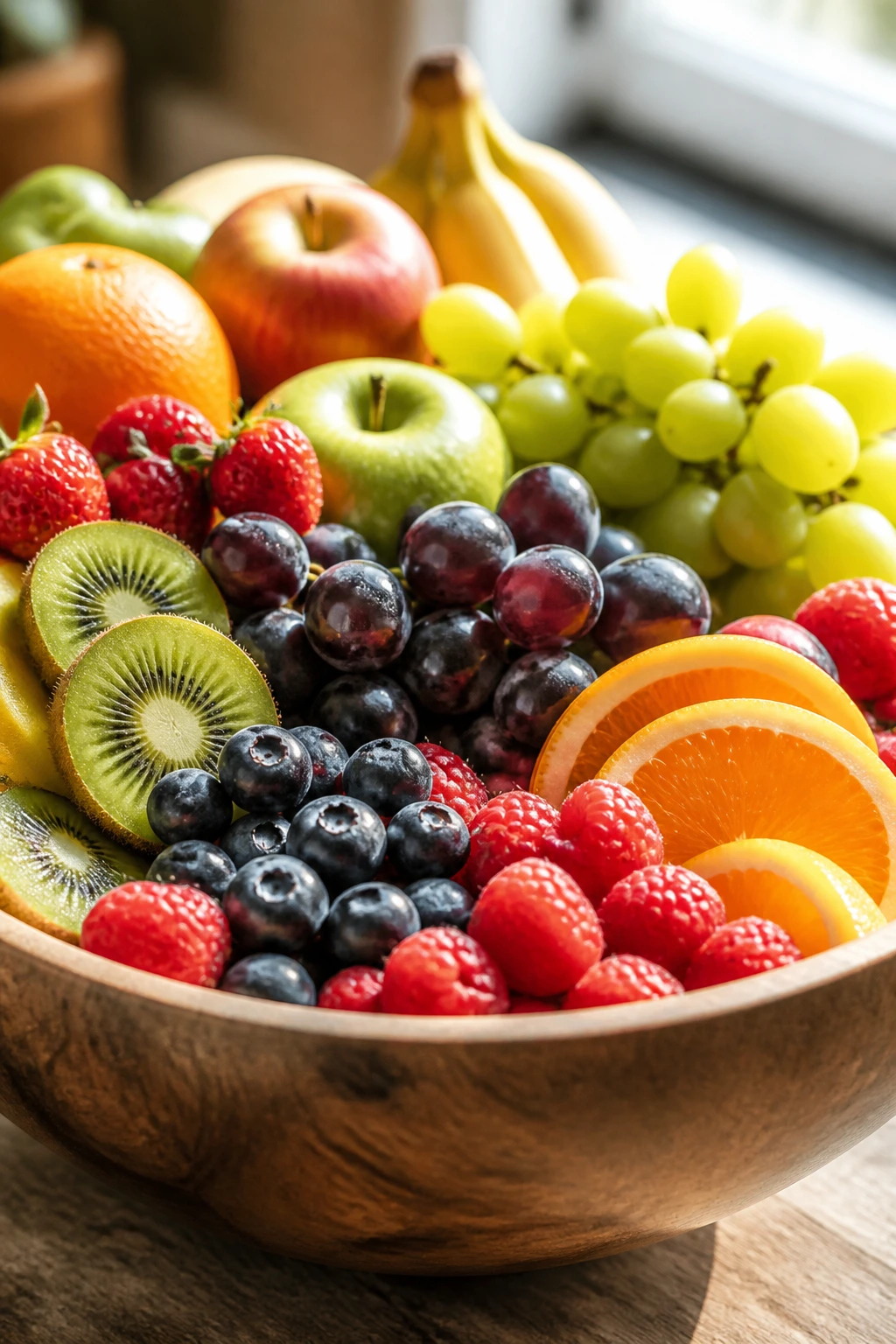 Close up of colorful fresh fruits in a wooden bowl on a sunlit kitchen counter