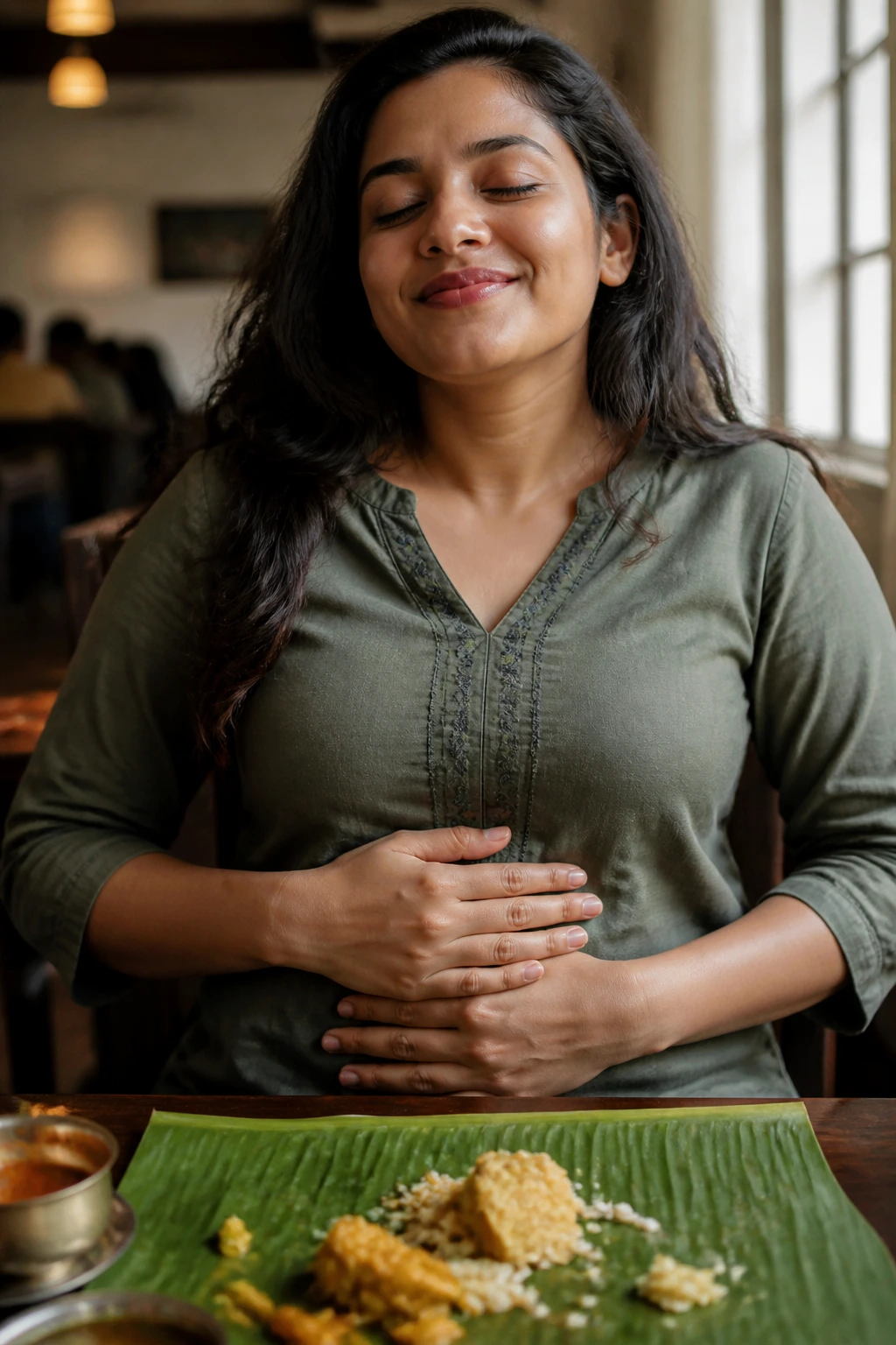 Close-up of a person showing fullness sensation with hands on abdomen
