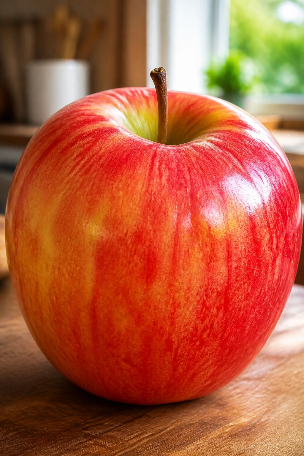 Close-up Gala apple with red-yellow skin in warm kitchen light