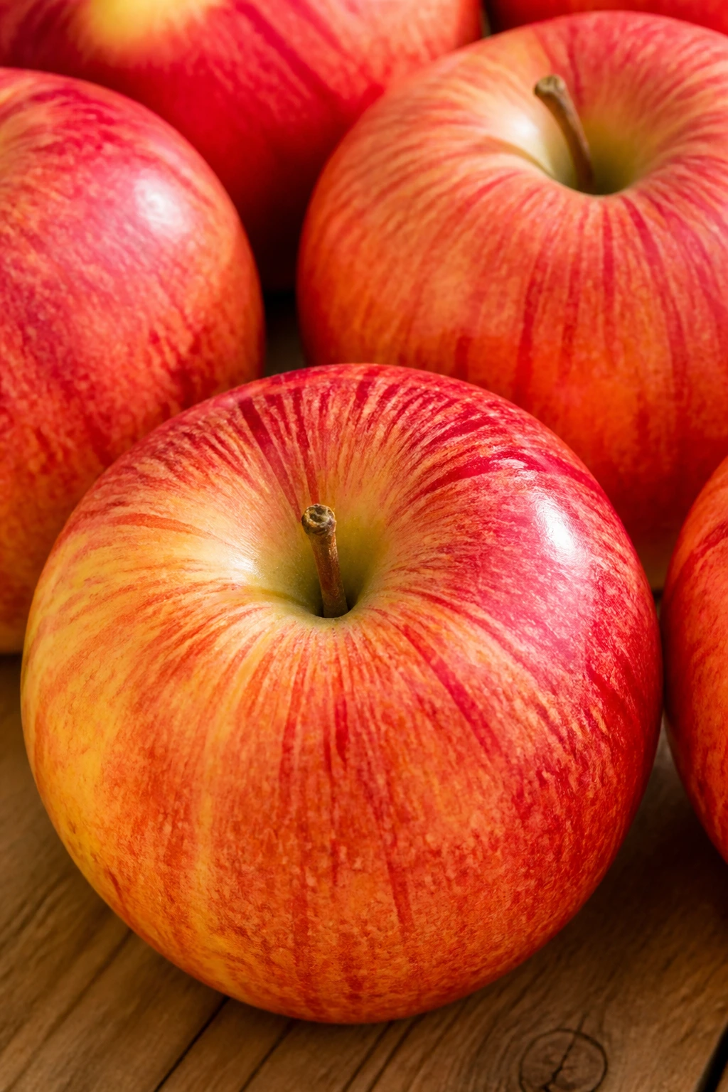 Multiple Gala apples with red-yellow skin on wooden surface