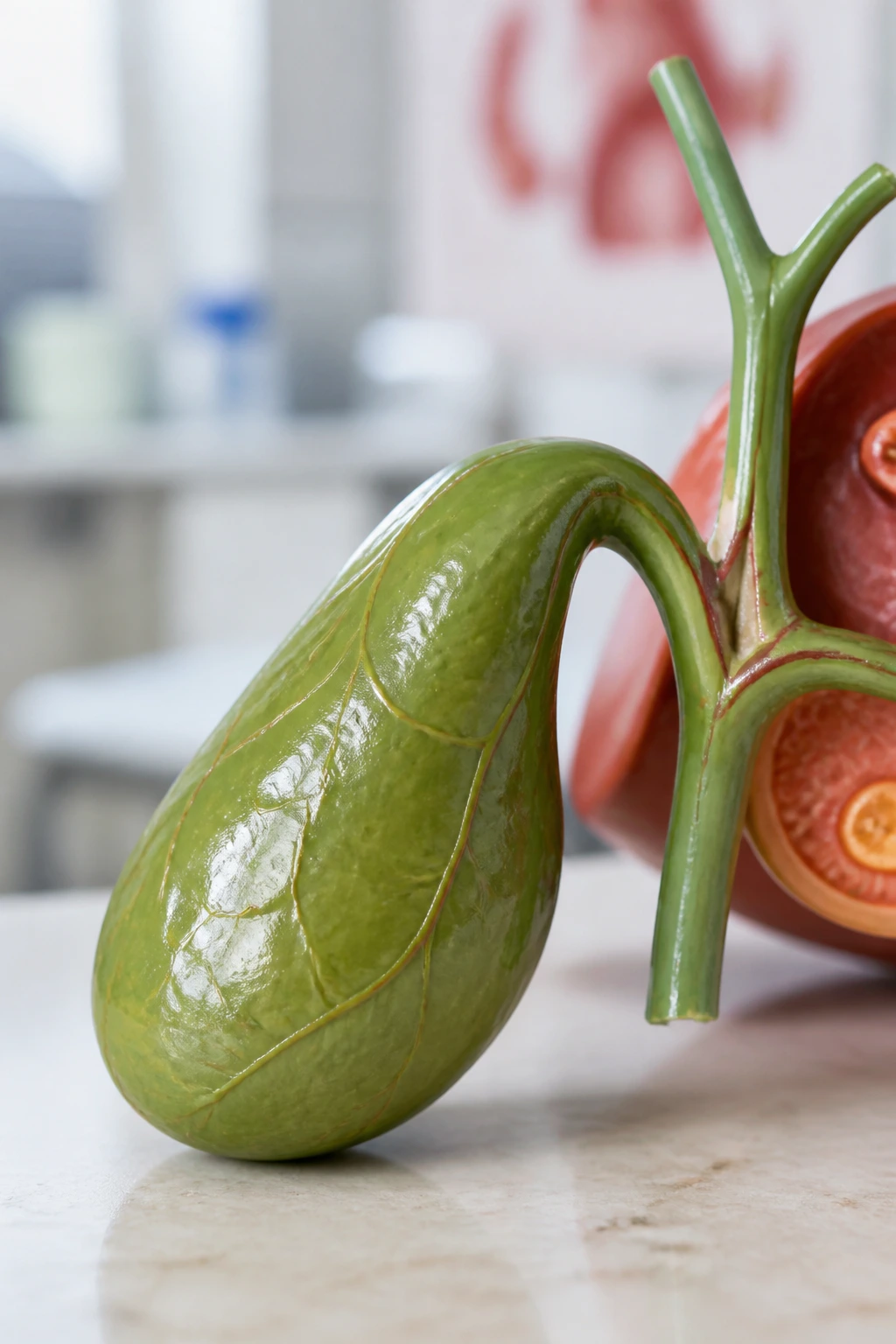 Are Bananas Good For Gallbladder Problems? 1 Close-up of a healthy gallbladder model in a clinical setting
