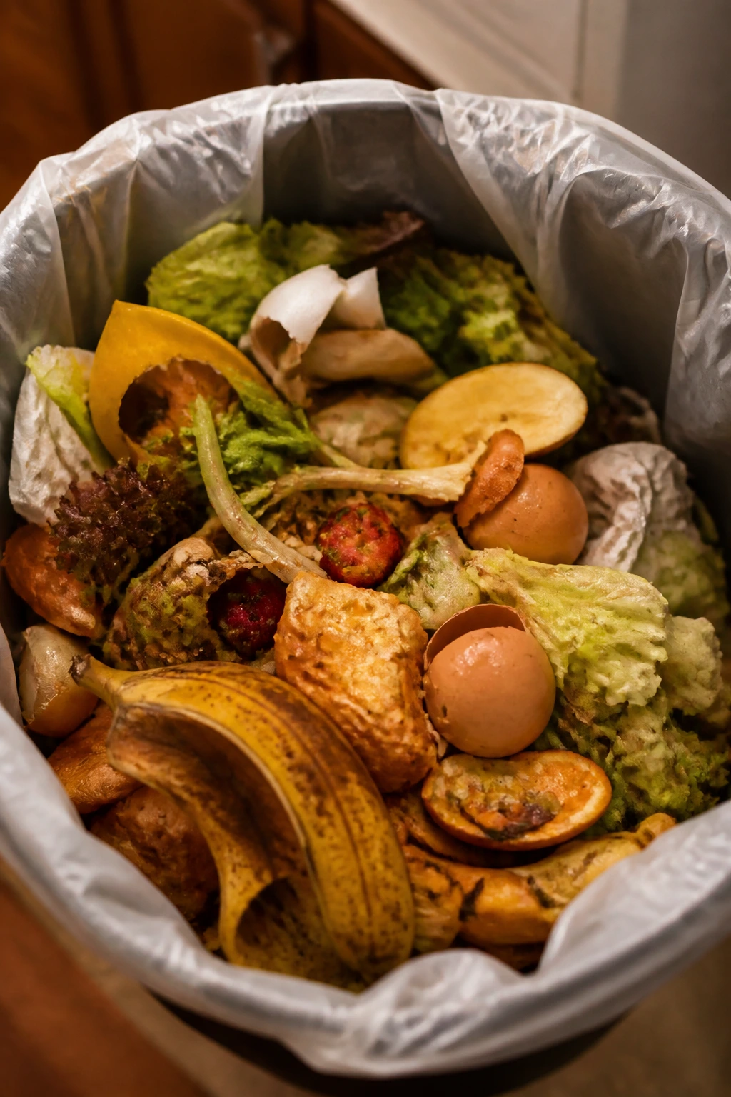 Close-up of a pile of leftover food in a kitchen trash can