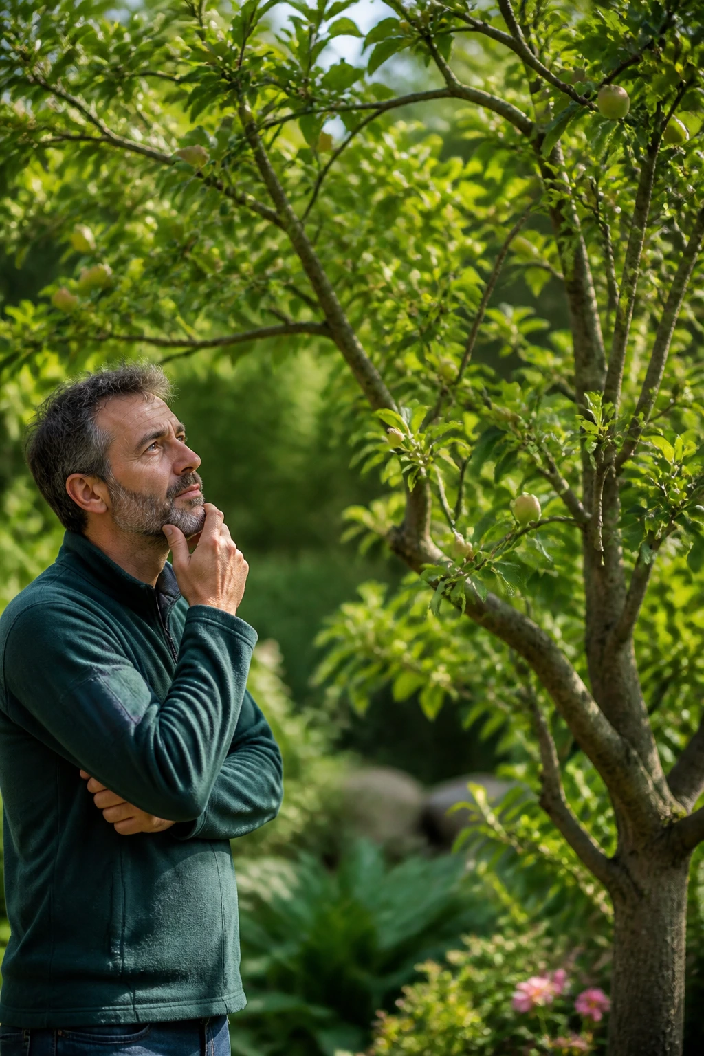 When Is A Good Time To Prune Fruit Trees? 12 Thoughtful gardener pondering pruning questions beside a fruit tree