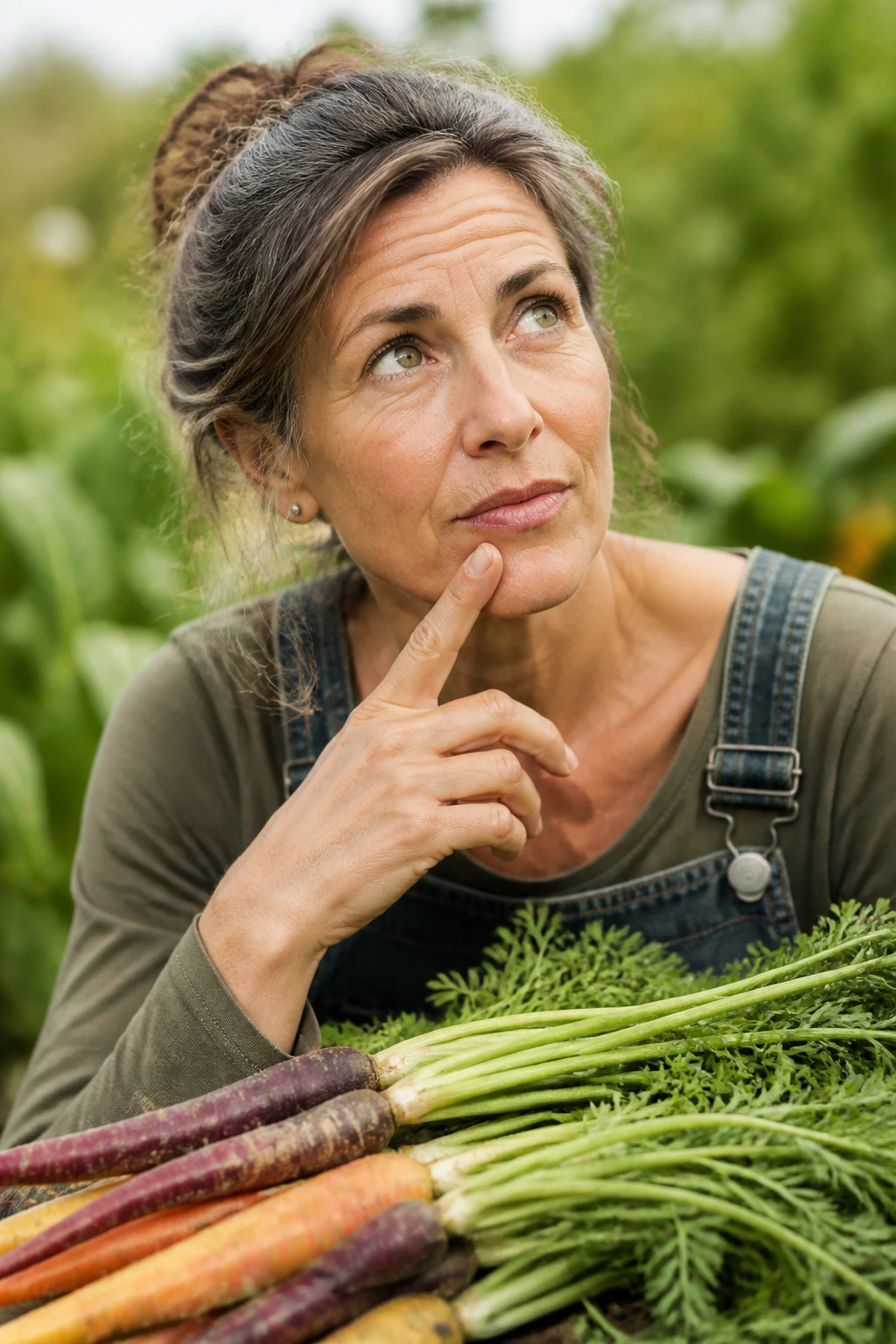 How To Grow Rainbow Carrots: Step-By-Step Guide 4 Portrait of a gardener in a rainbow carrot garden, thoughtful expression