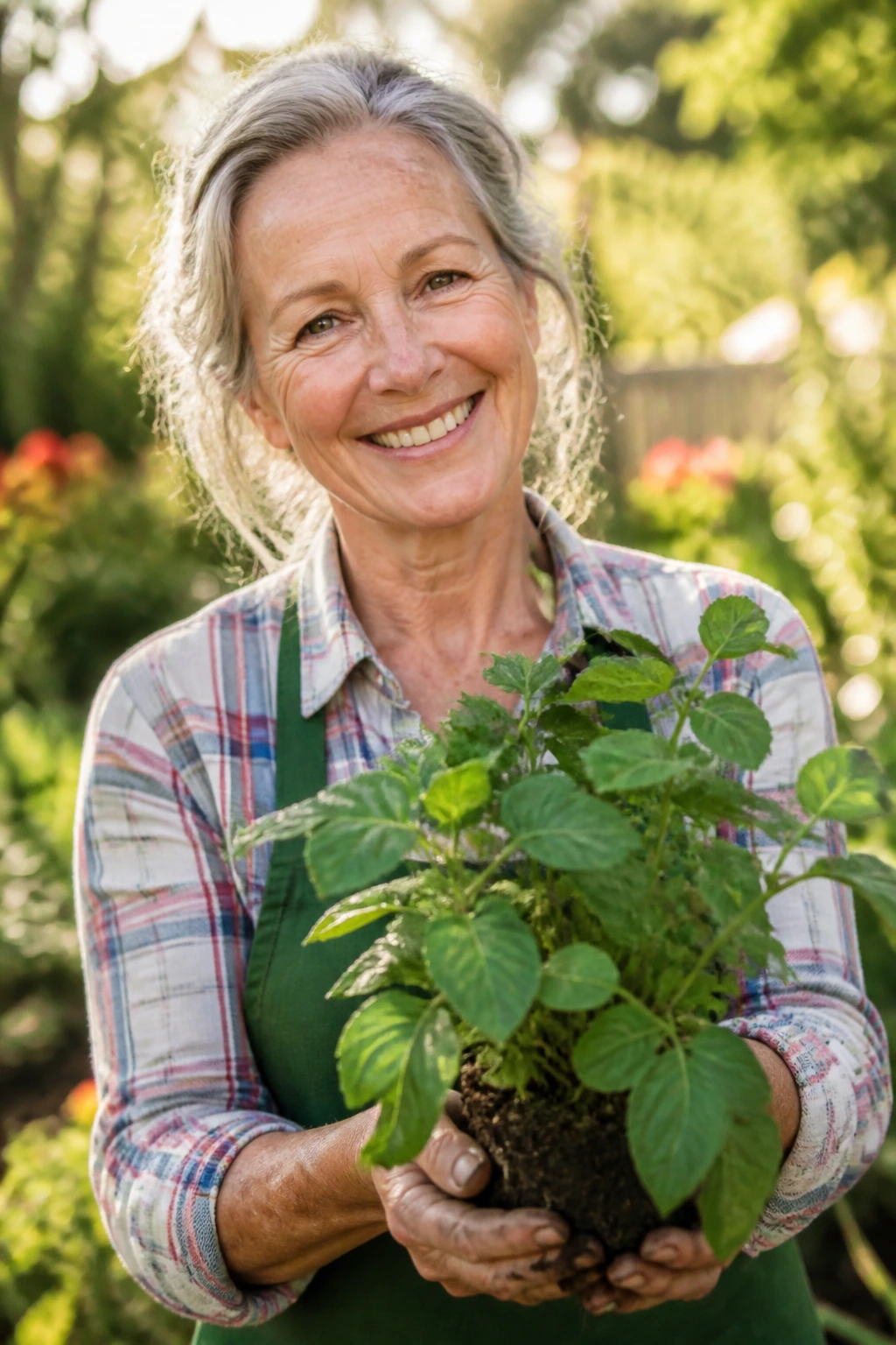 Is Epsom Salt Good For Fruit Trees, Vegetables, And Shrubs? 9 Real gardener smiling outdoors while holding a healthy plant