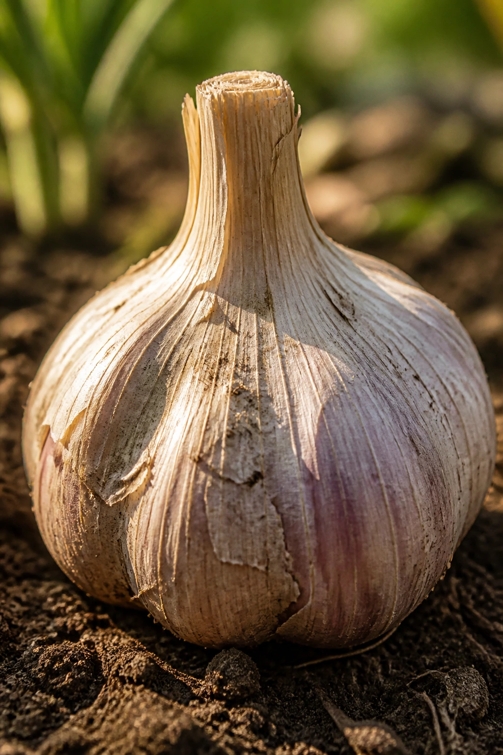 Close-up of a single garlic bulb in a sunlit garden bed.