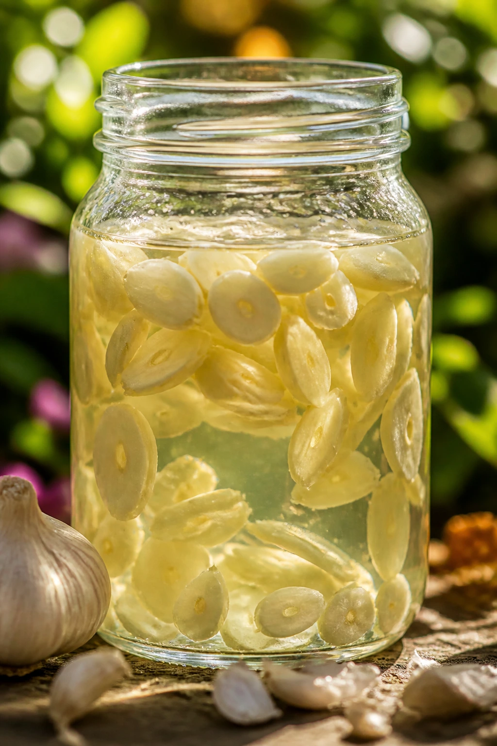 Jar of garlic-infused water for spraying plants