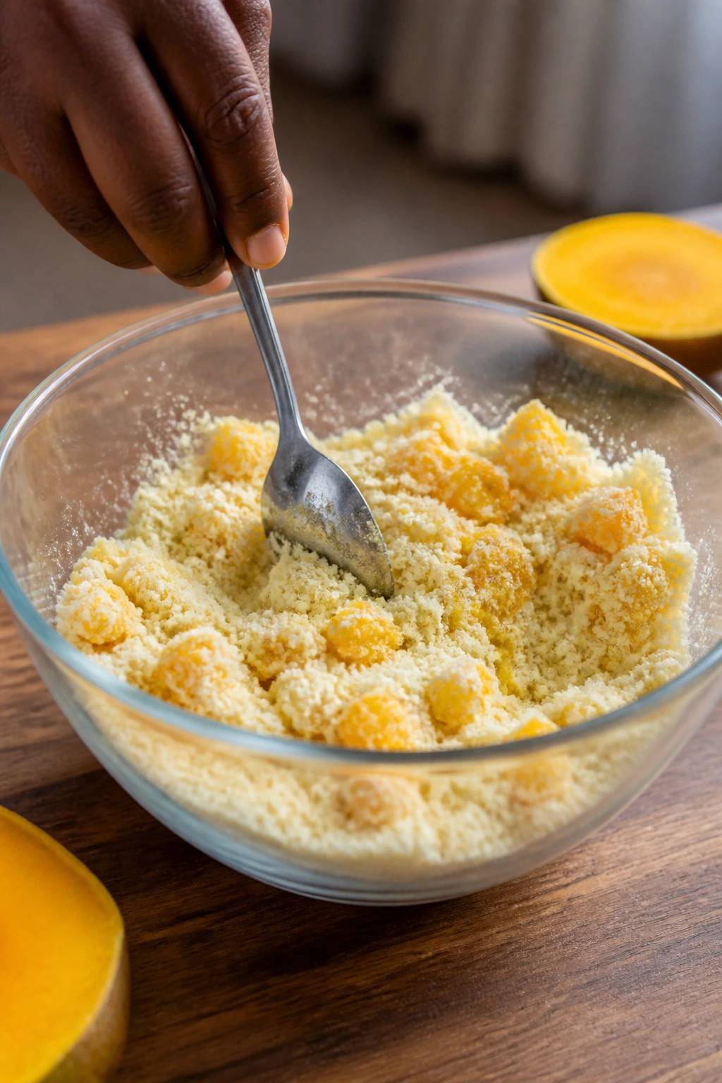 Can You Eat Mango After Drinking Garri? Is It Healthy? 2 Hand mixing garri and mango in a glass bowl