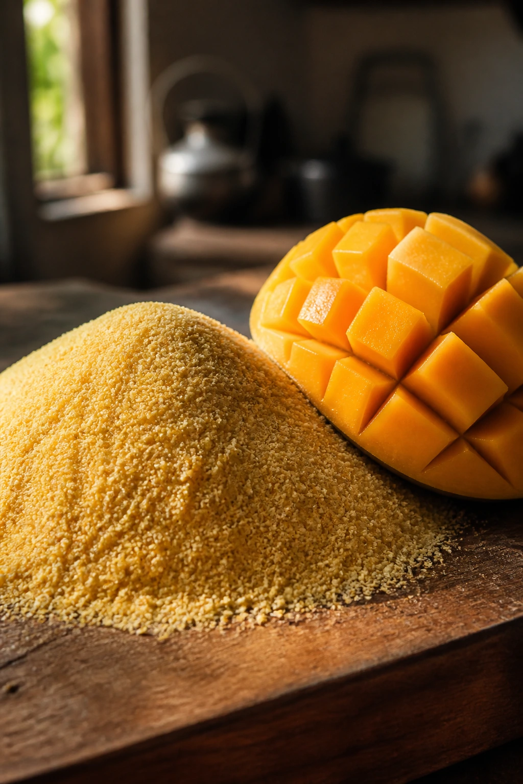 Can You Eat Mango After Drinking Garri? Is It Healthy? 1 Close-up of garri mound and ripe mango on wooden board