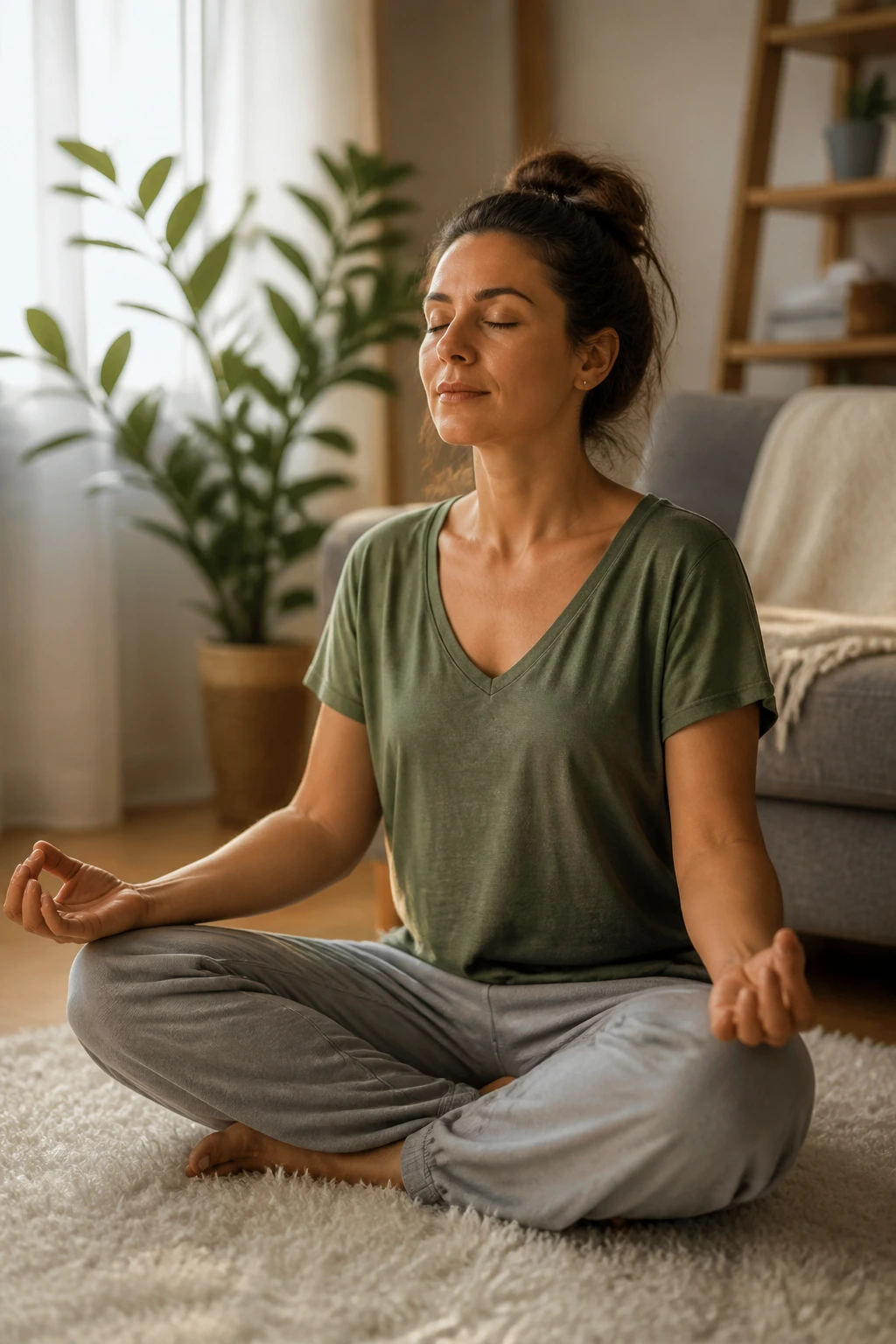 Calm person meditating in a cozy living room