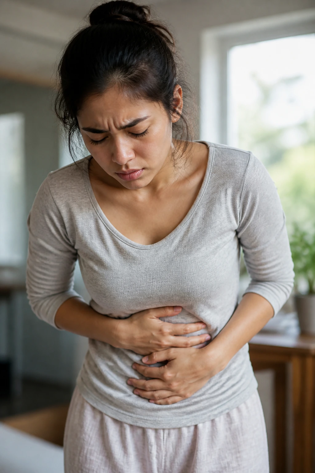 Is Pineapple Good For Gastritis? All You Need To Know 1 Close-up of a person’s abdomen with hands on the stomach to illustrate gastritis symptoms in a home setting