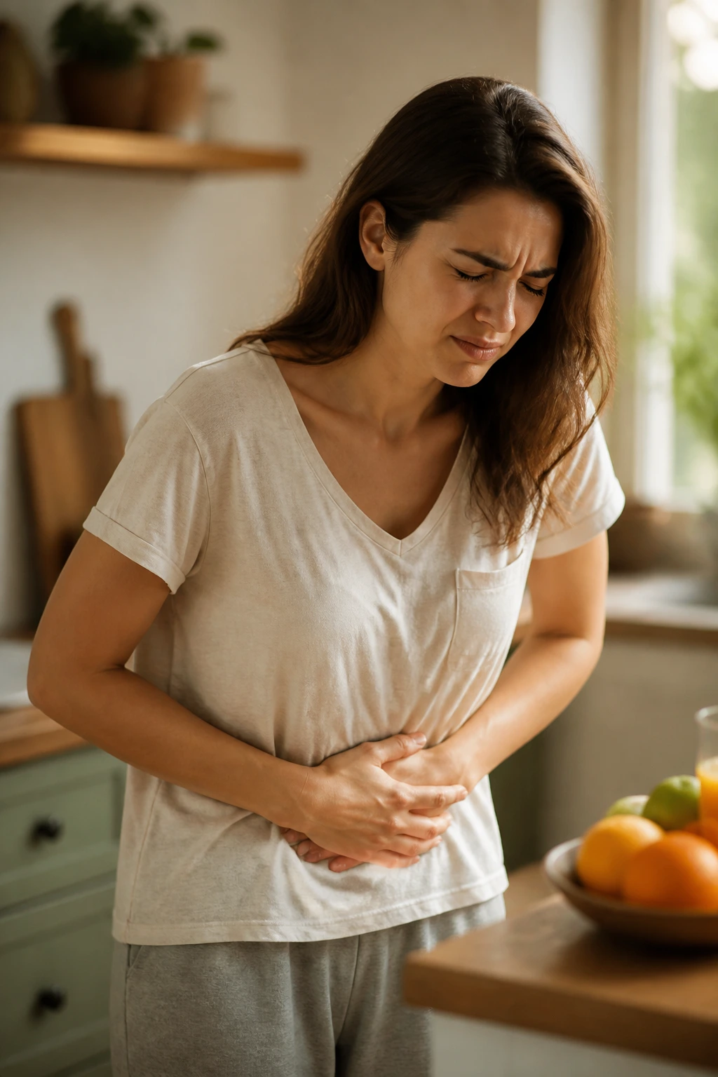 Close-up of a real person clutching the lower abdomen in discomfort, illustrating gastritis symptoms