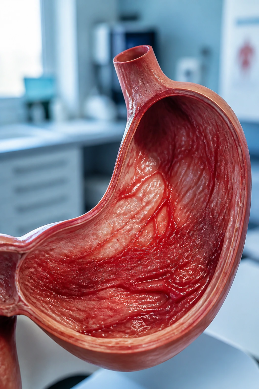 Close-up of inflamed stomach lining illustrating gastritis