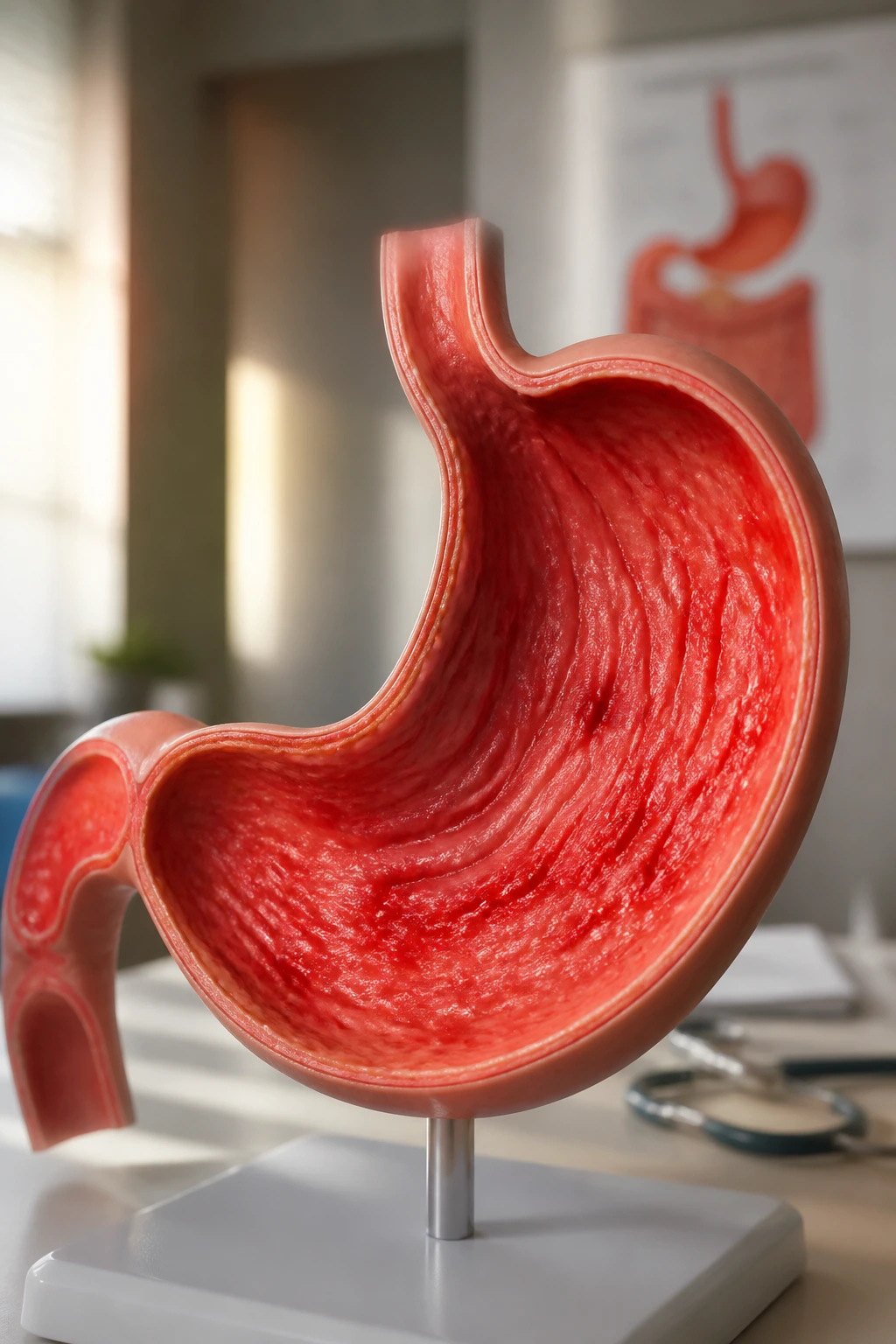 Close-up illustration of inflamed stomach lining representing gastritis