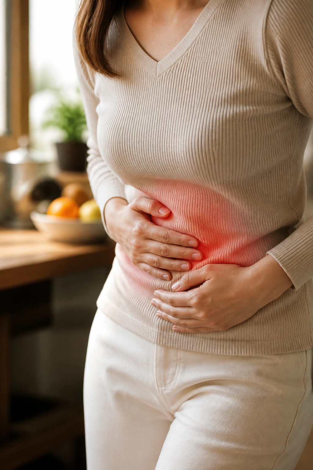 Close-up of a stomach area showing discomfort to represent gastritis in a home kitchen
