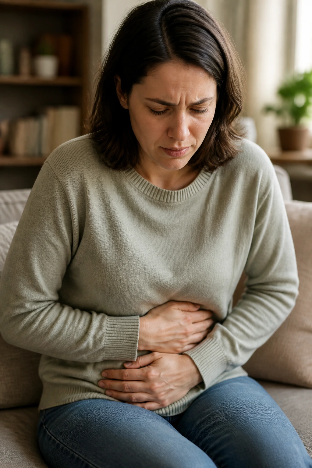Portrait of a real person showing stomach pain to illustrate gastritis in a home setting