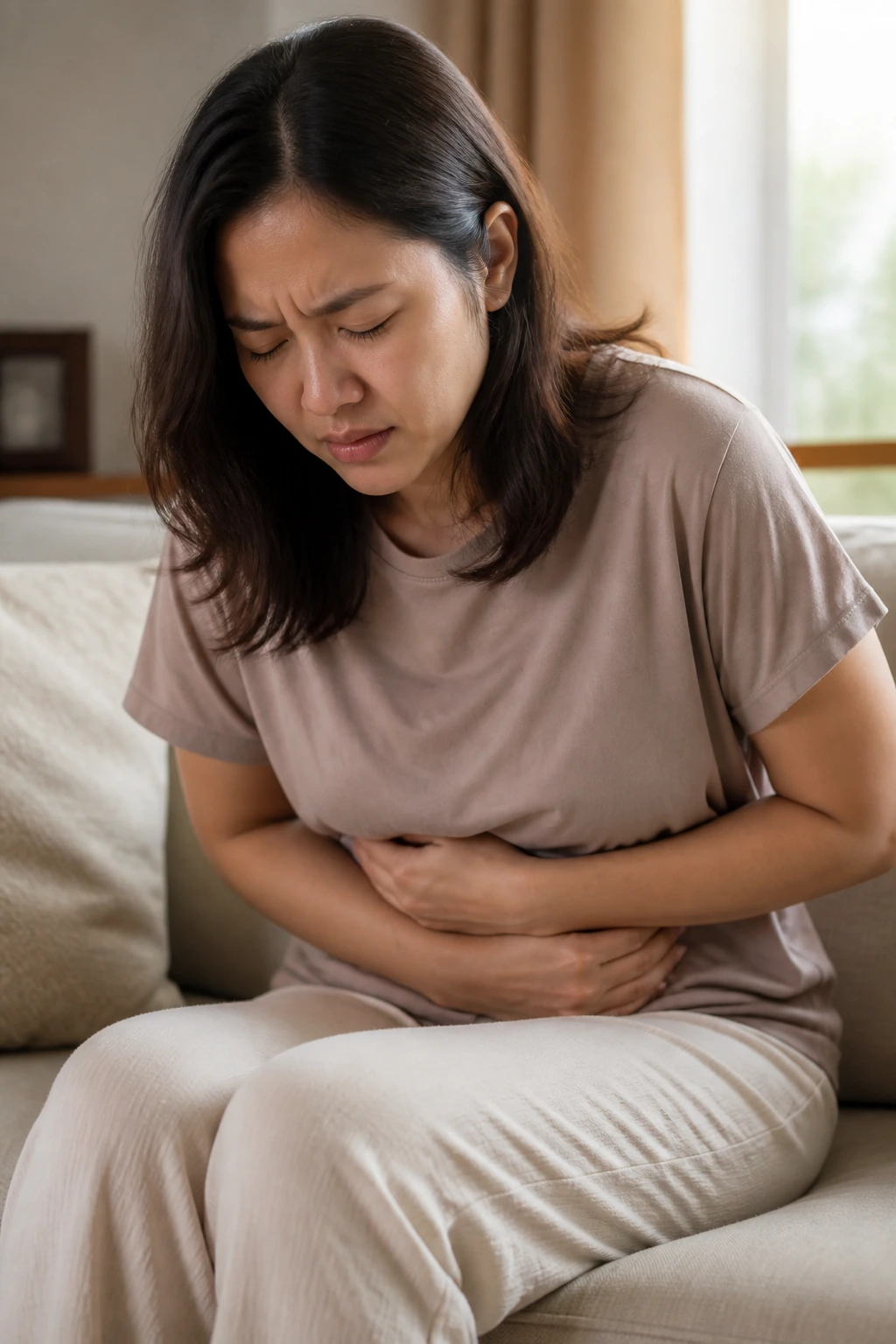 Close-up portrait of a person showing stomach pain to illustrate gastritis symptoms in a home setting.