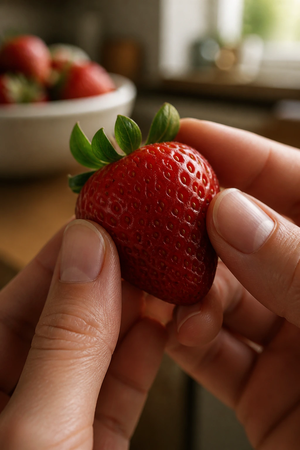 Strawberry held gently between fingers to prevent bruising