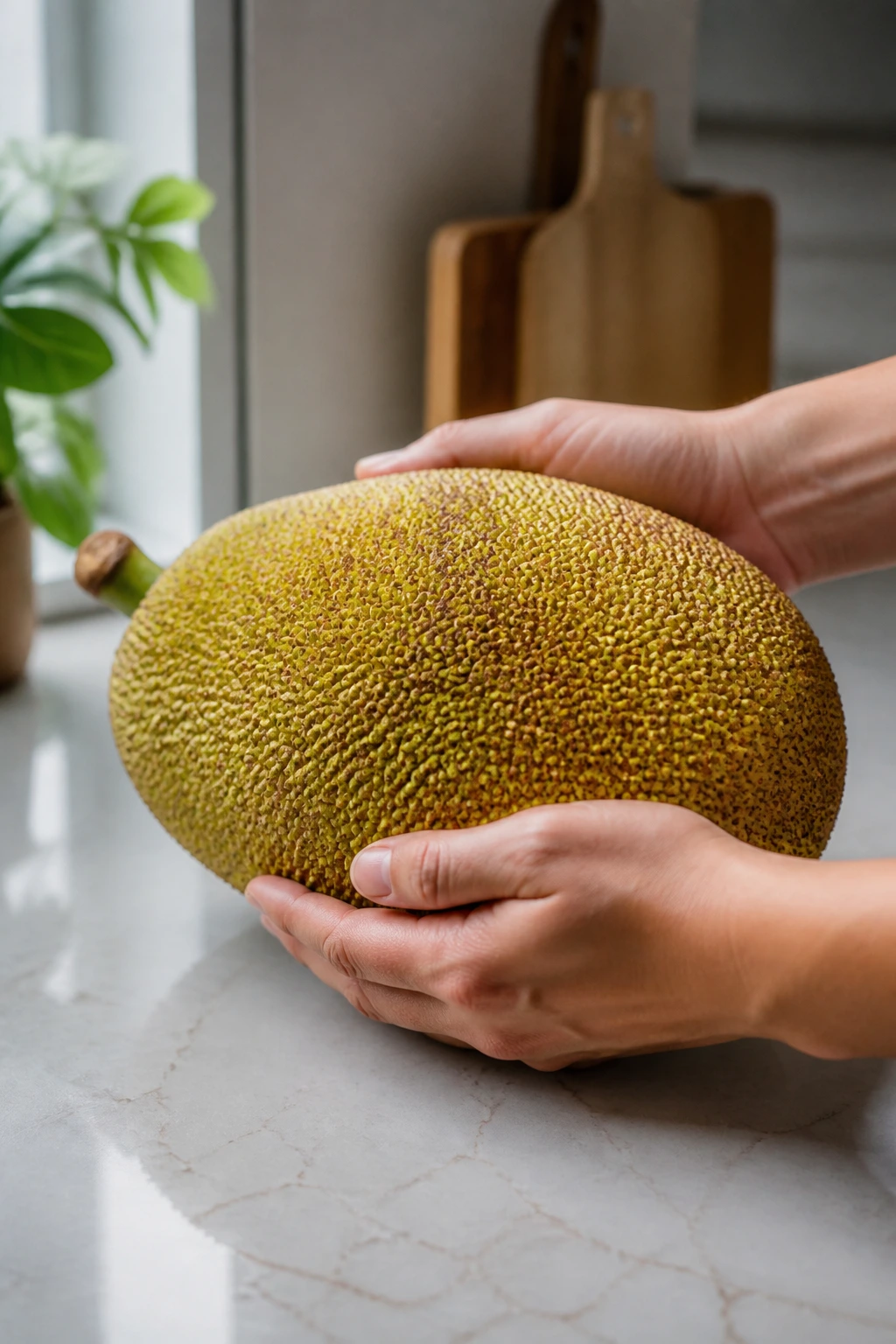 Close-up of hands gently holding a jackfruit in a kitchen