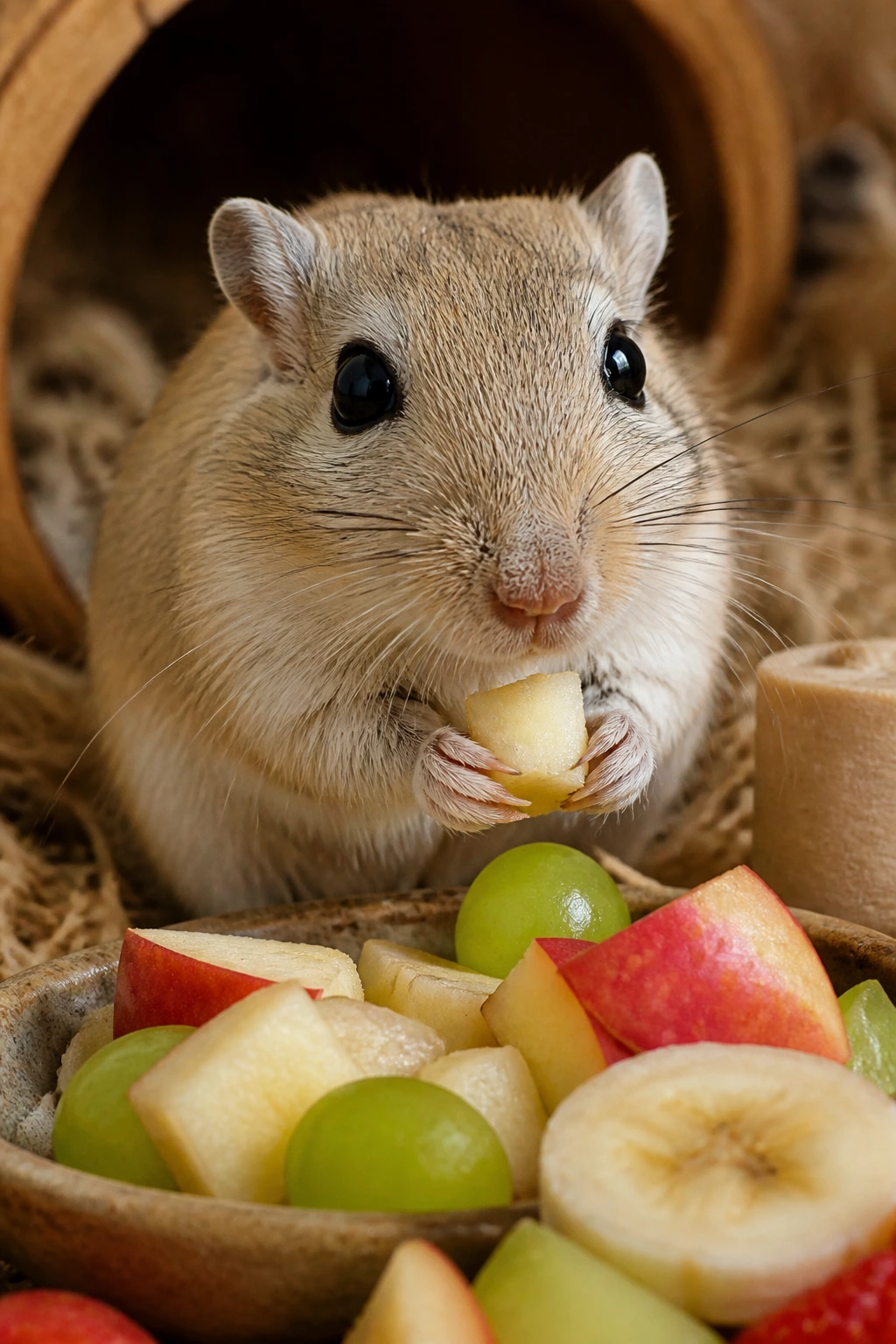 Close-up gerbil portrait with calm expression in a quiet room