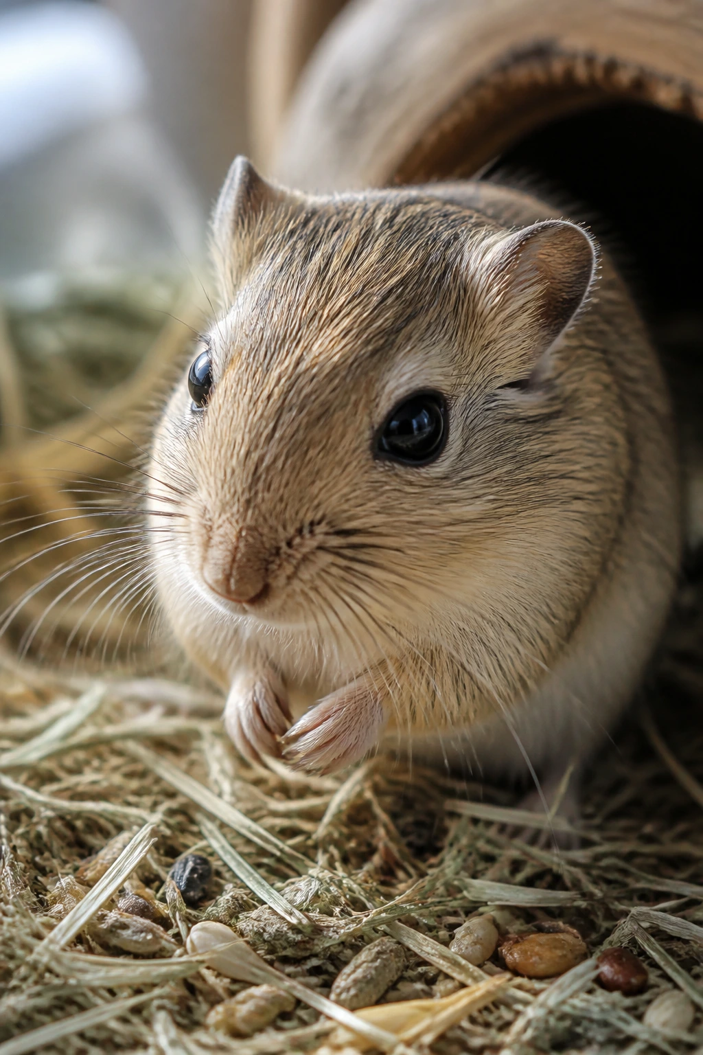 Close-up of a gerbil in a feeding-ready habitat with soft fur