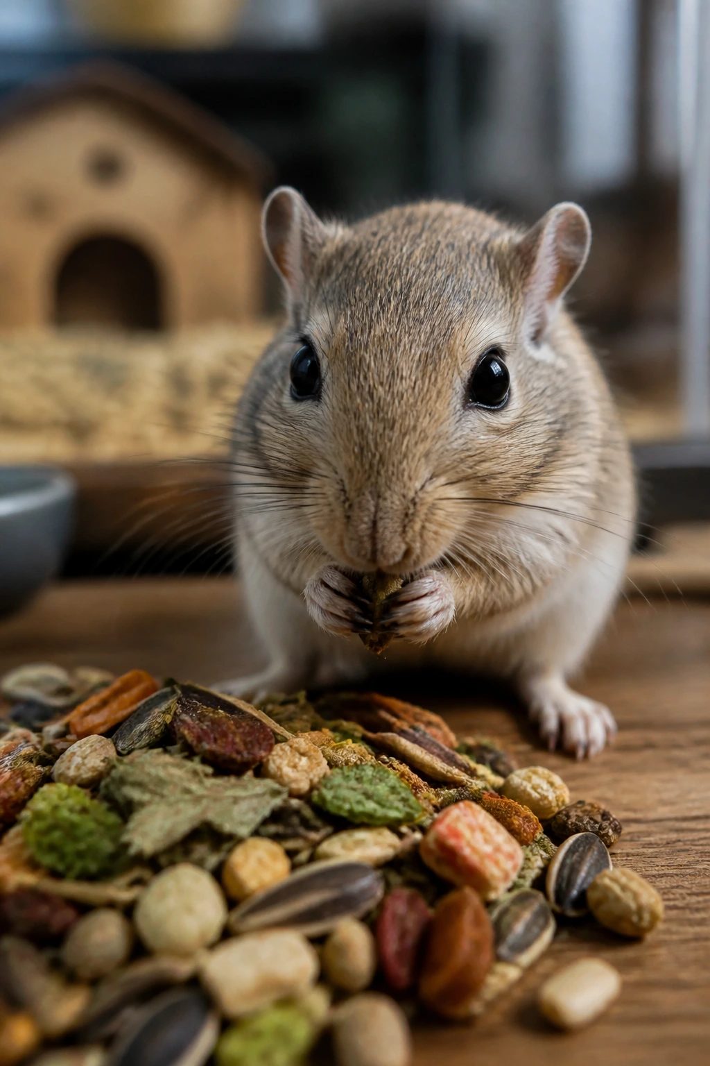 Can Gerbils Eat Cucumbers? All You Need To Know 2 Close-up portrait of a real gerbil with a blurred pet habitat behind