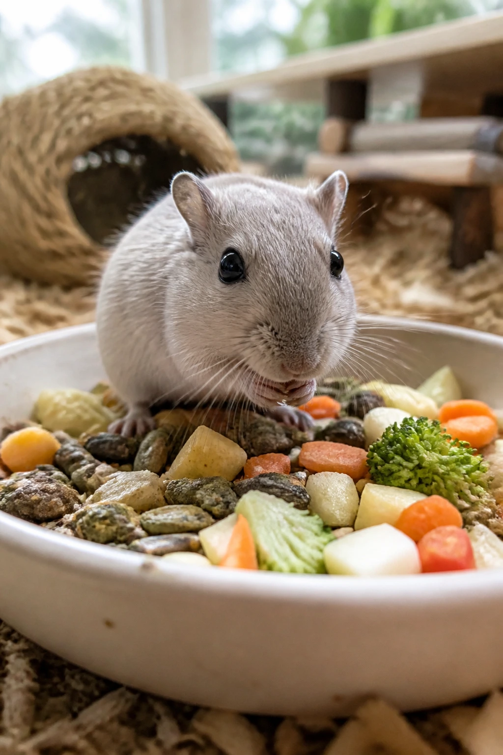 Can Gerbils Eat Oranges? All You Need To Know 1 Close-up of a gerbil with a balanced diet in a terrarium
