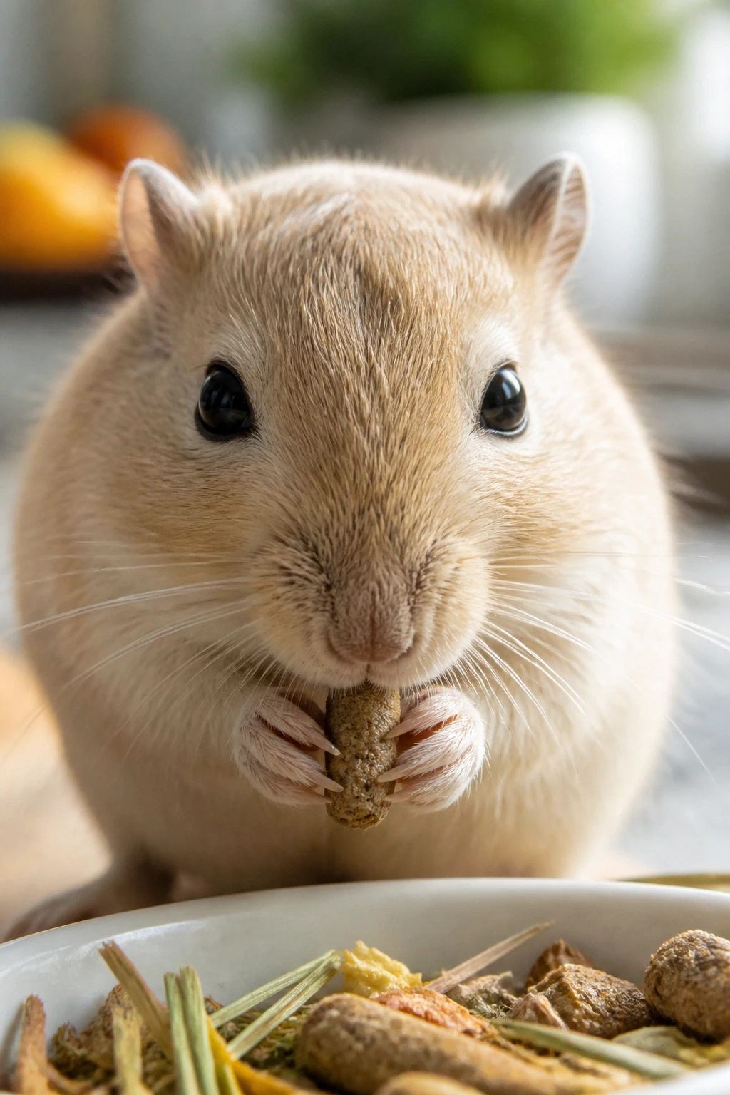 Gerbil nibbling on a high-fiber pellet in a bright kitchen setting.