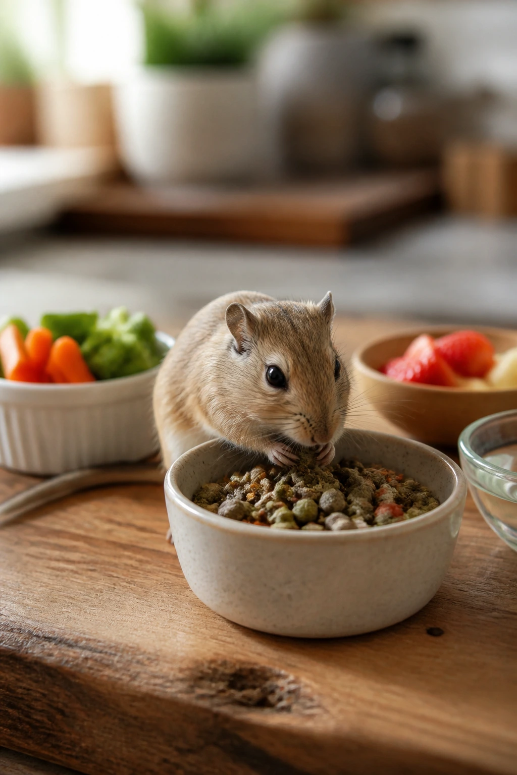 Gerbil eating pellets with vegetables to illustrate a healthy diet