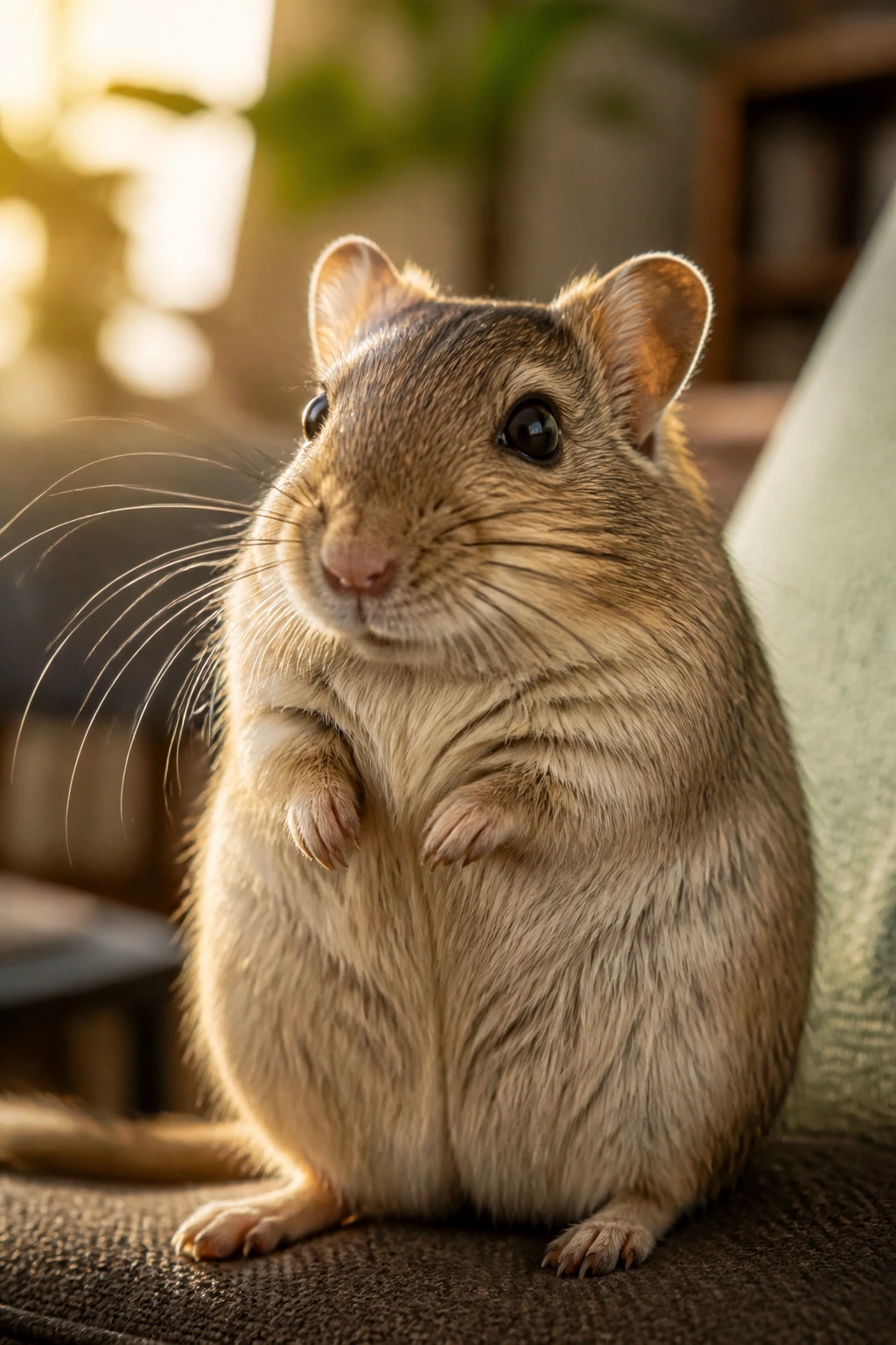 Close-up gerbil portrait bathed in warm sunlight