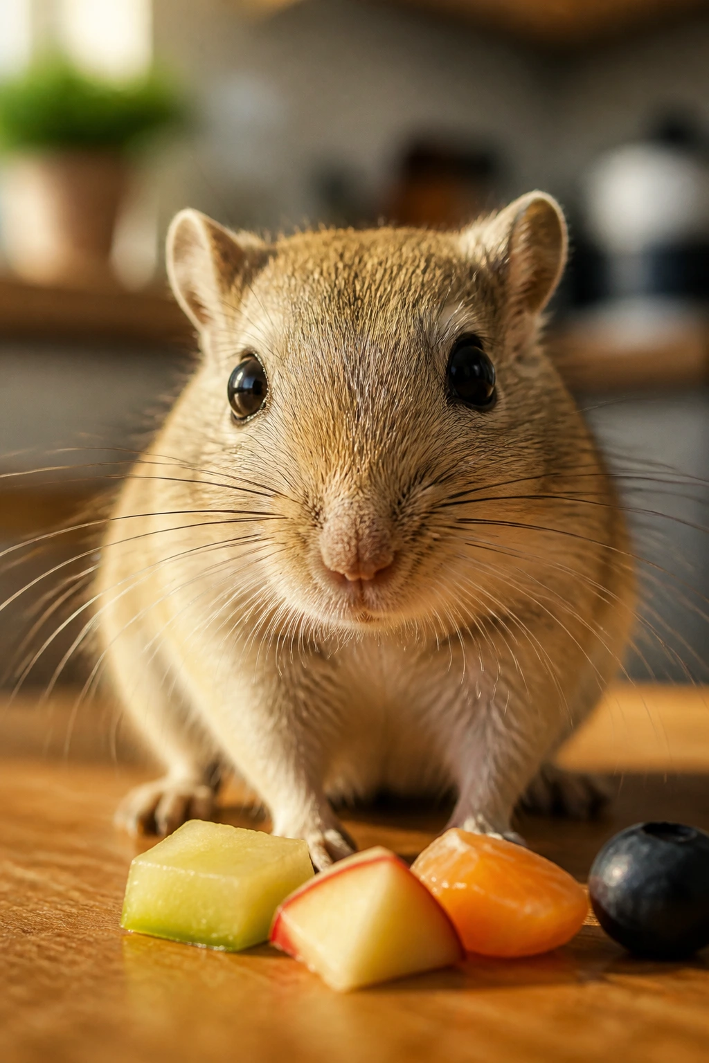 Close-up of a gerbil's face with fruit nearby in a cozy kitchen setting