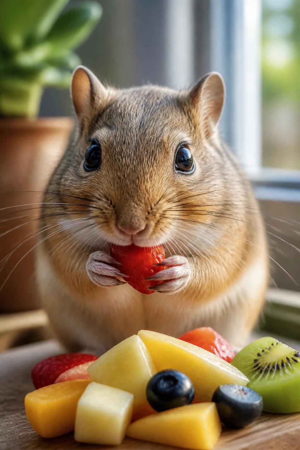 Close-up gerbil portrait with soft fur in a calm home setting