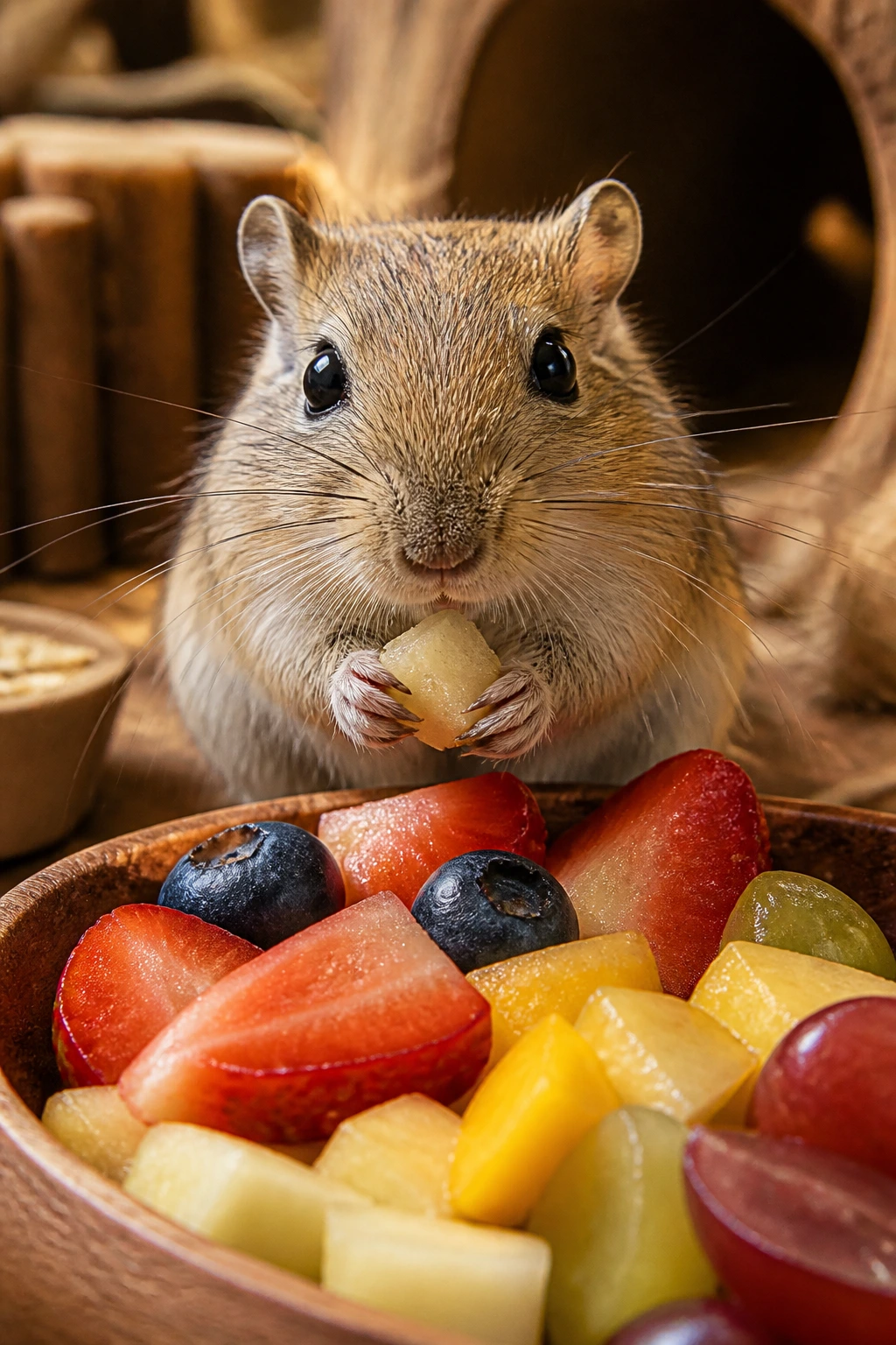 Close-up gerbil portrait in a warm indoor setting