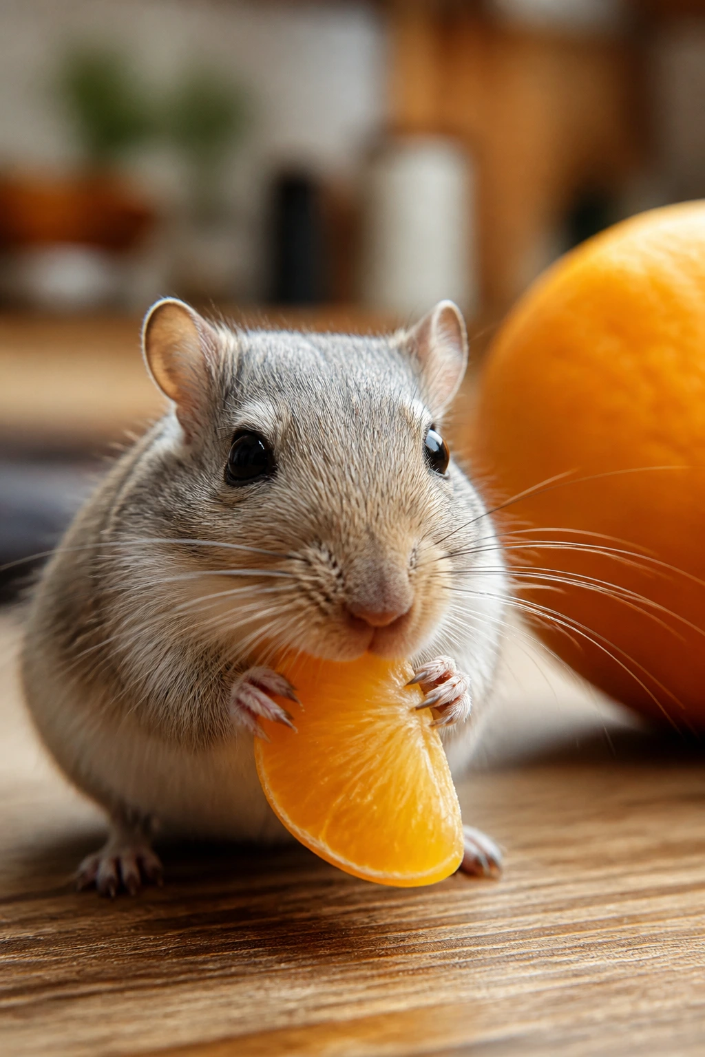 Can Gerbils Eat Oranges? All You Need To Know 7 Close-up of a gerbil with a small orange piece on a wooden counter under natural light