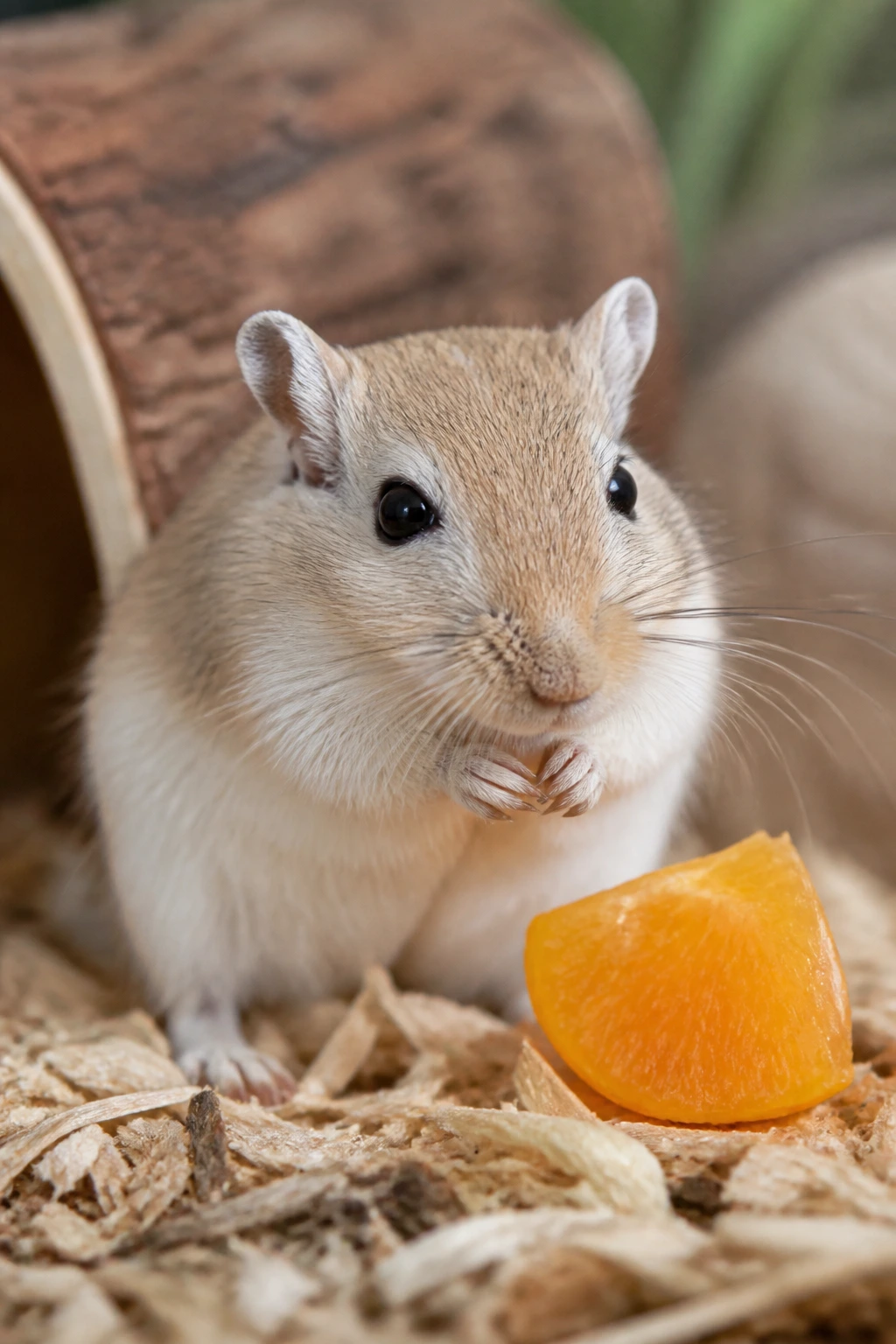 Can Gerbils Eat Oranges? All You Need To Know 6 Content gerbil in terrarium with orange reminder