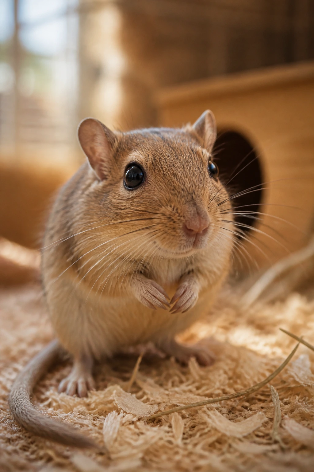 Close-up of a gerbil in a cozy habitat with soft fur and whiskers