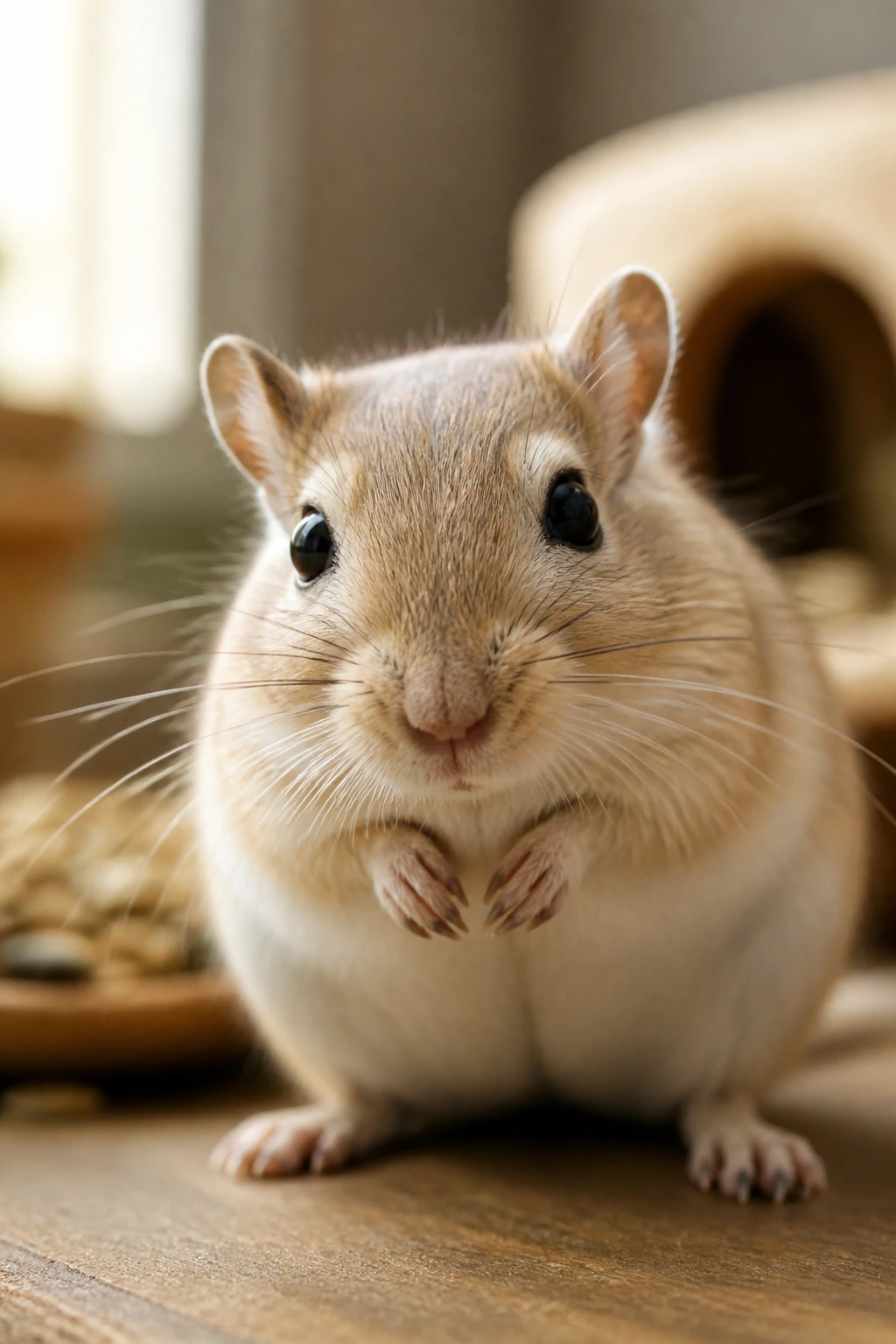 Close-up portrait of a real gerbil in a warm home setting with soft natural light.
