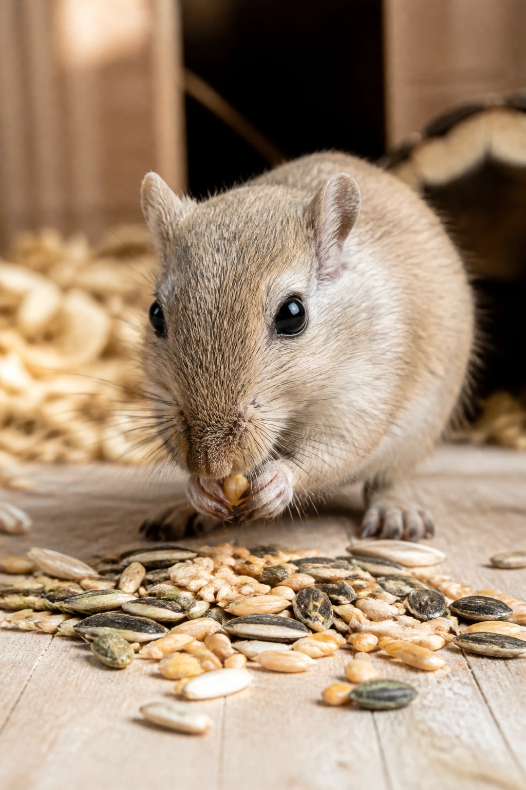 Can Gerbils Eat Carrots? All You Need To Know 2 Gerbil nibbling seeds on a wooden surface in a bright indoor setting