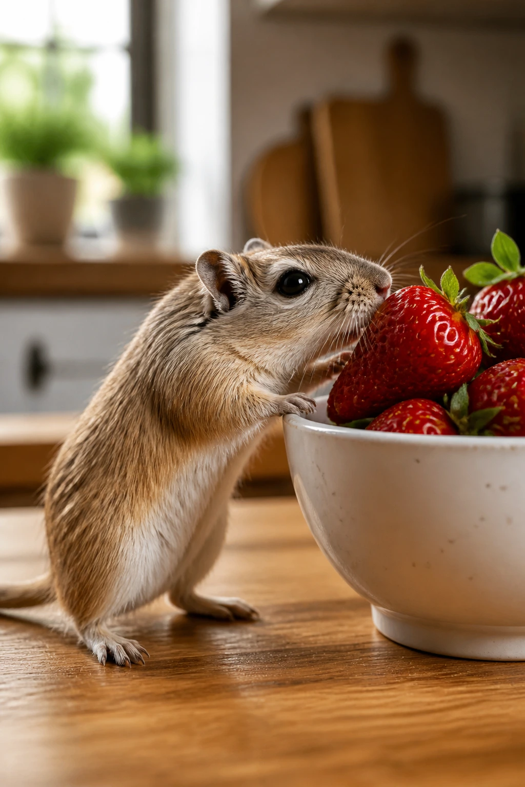 Close-up of a gerbil reaching for a strawberry in a cozy kitchen