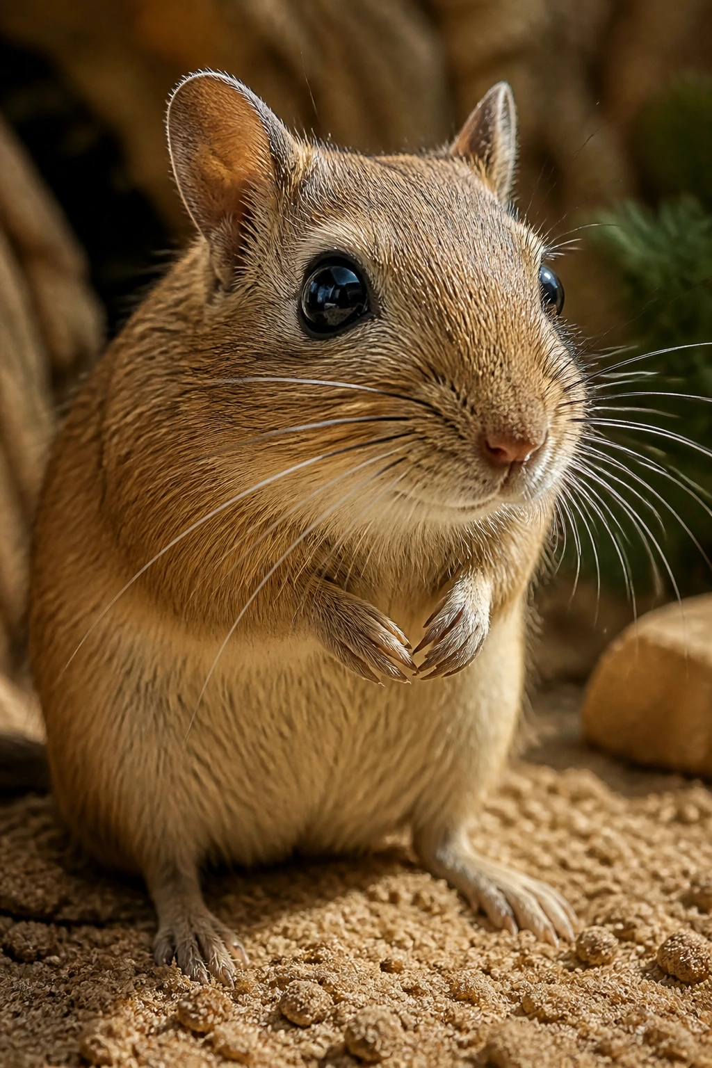 Can Gerbils Eat Carrots? All You Need To Know 1 Close-up portrait of a gerbil in a sandy terrarium, highlighting fur and whiskers