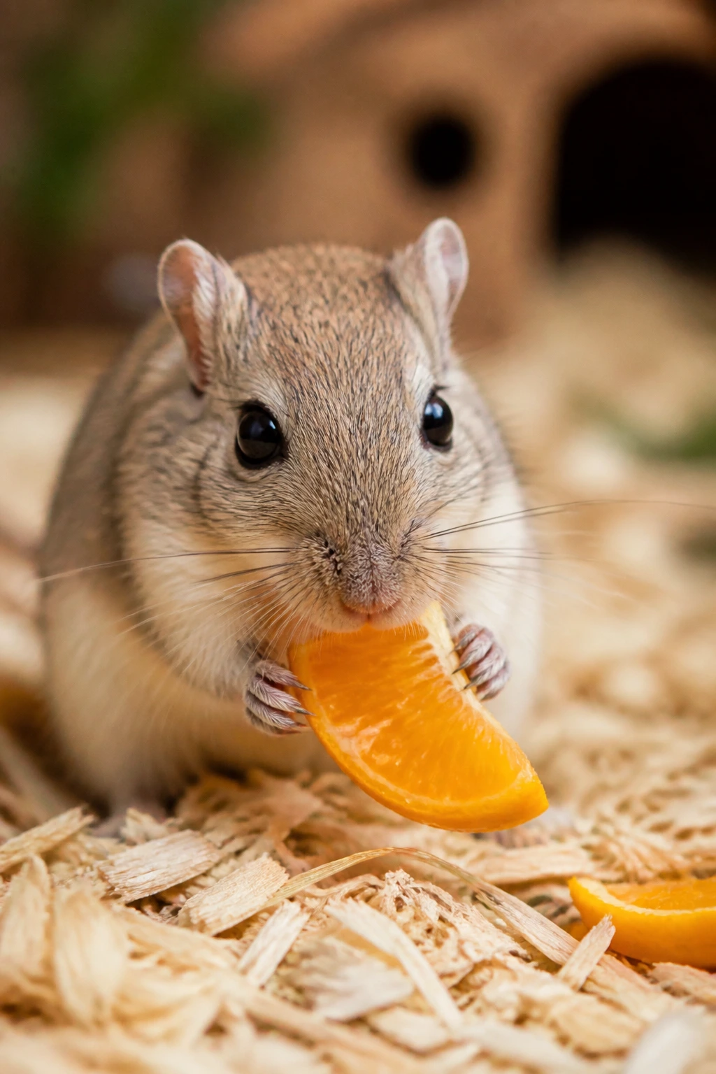 Can Gerbils Eat Oranges? All You Need To Know 3 Gerbil with orange wedge suggesting vitamin C and fiber benefits