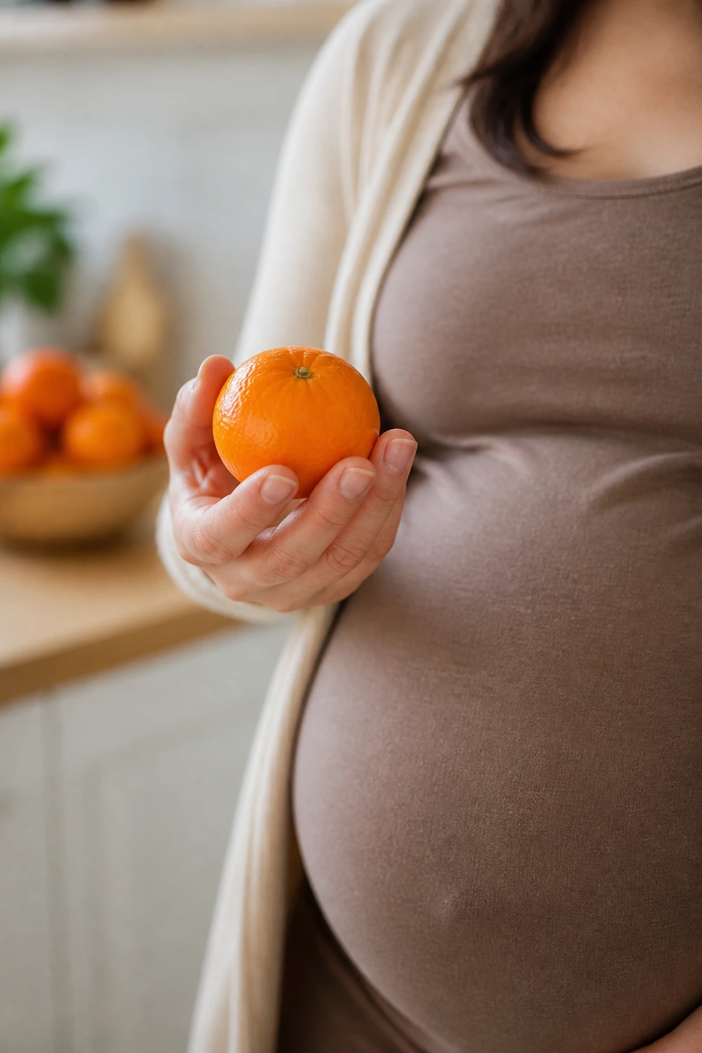 Are Mandarins Good For Pregnancy? Is It Safe? 11 Pregnant hand holding fresh mandarin in kitchen light
