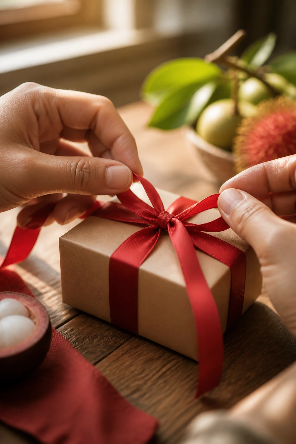 Close-up of hands tying a ribbon around a gift box in a cozy indoor setting