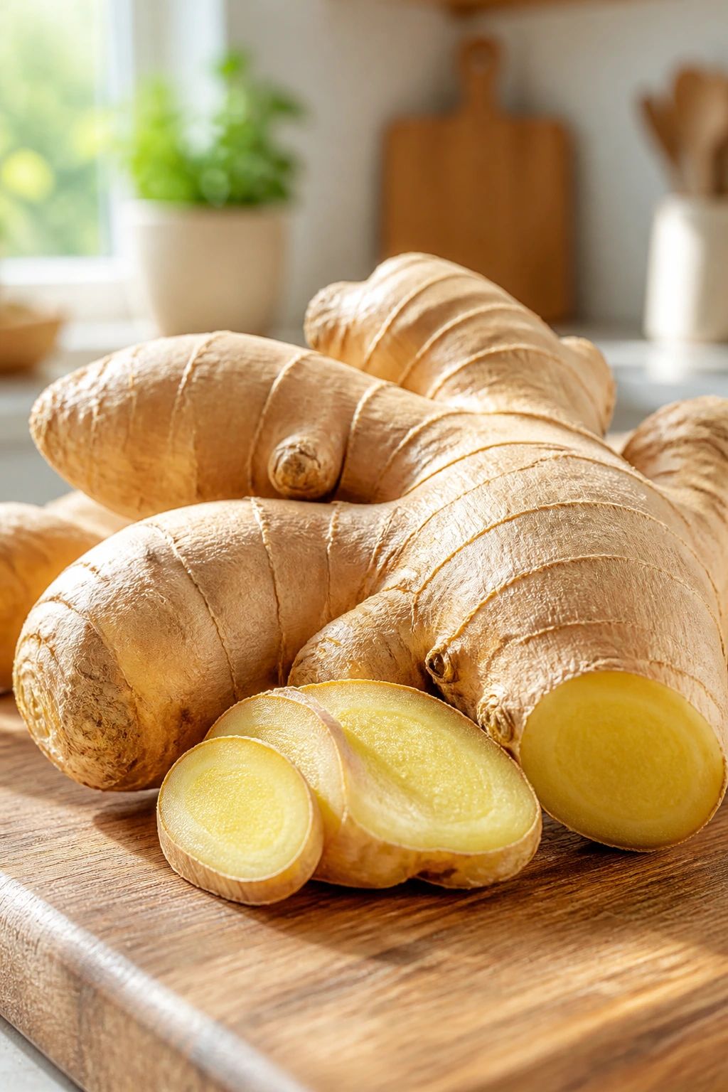 Fresh ginger root on cutting board