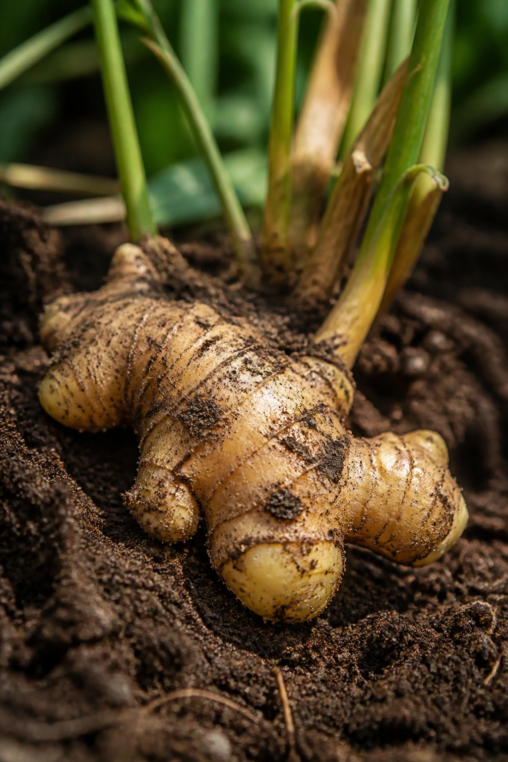 Close-up of a fresh ginger rhizome partially unearthed in soil in a garden bed