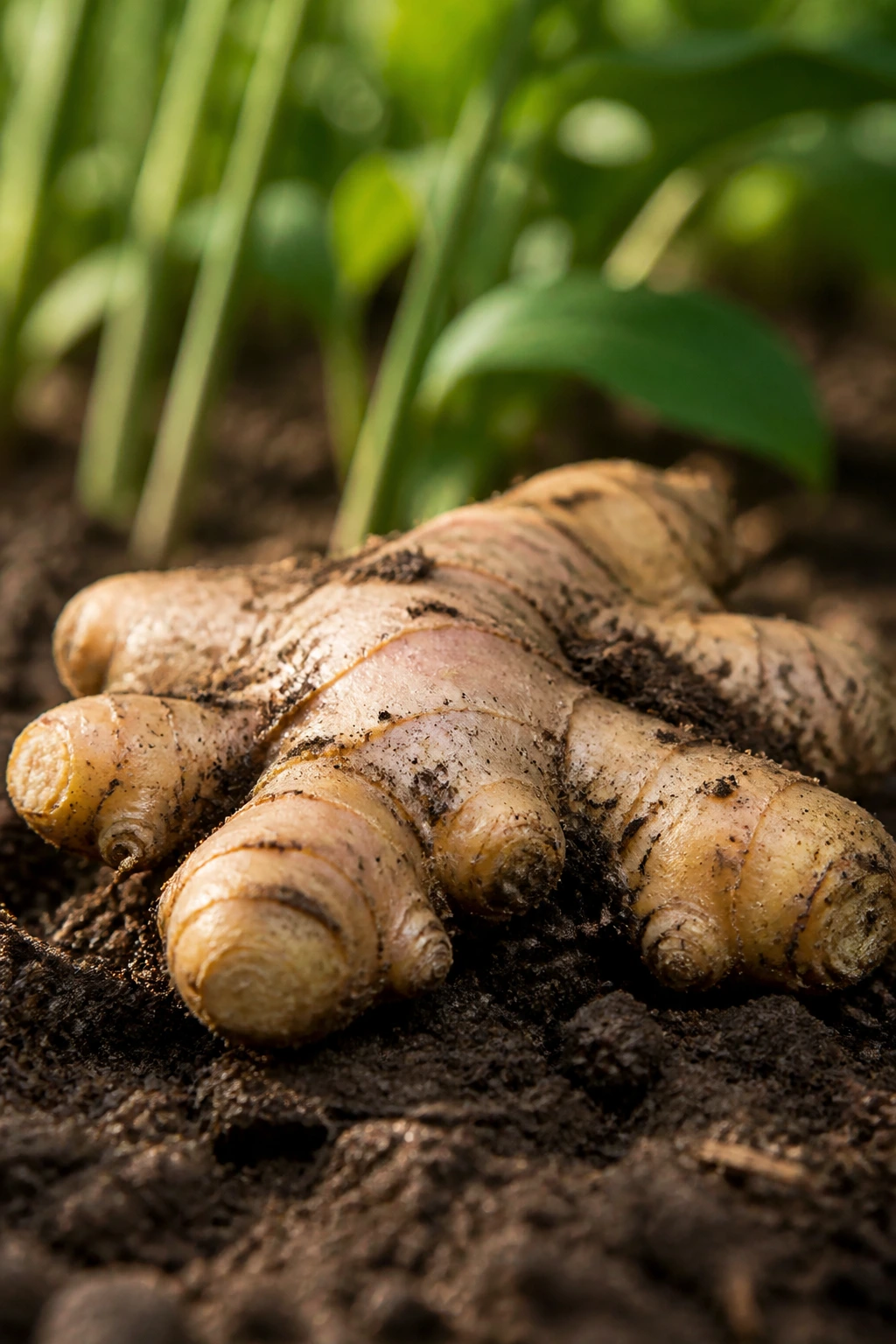 Close-up of a ginger rhizome on moist soil with blurred background greenery