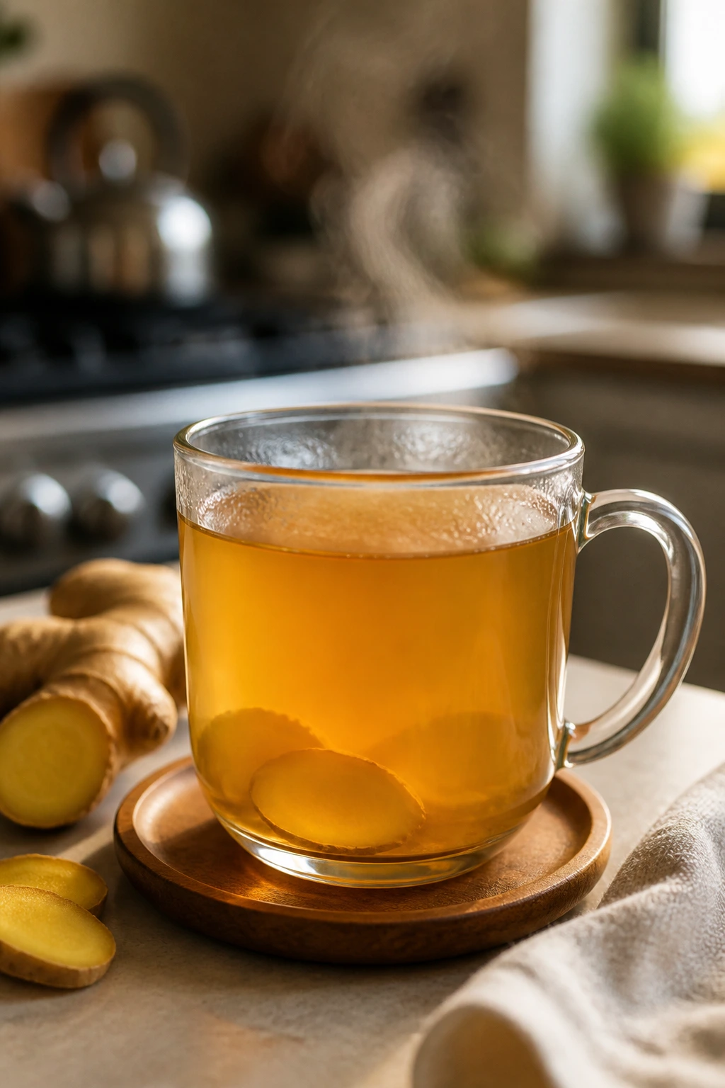 How to Make Ginger Tea for Kidney Stones 2 Close-up of a steaming mug of ginger tea in a bright kitchen