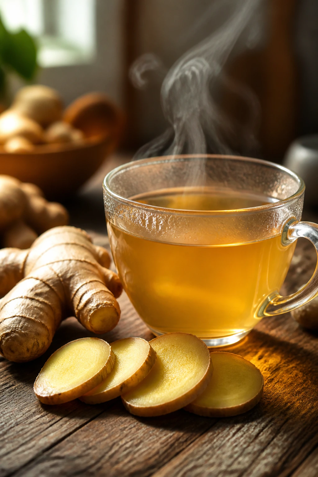 Is Ginger Tea Good Or Bad For Kidney Stones? 1 Close-up of fresh ginger slices and a steaming cup of ginger tea on a wooden counter